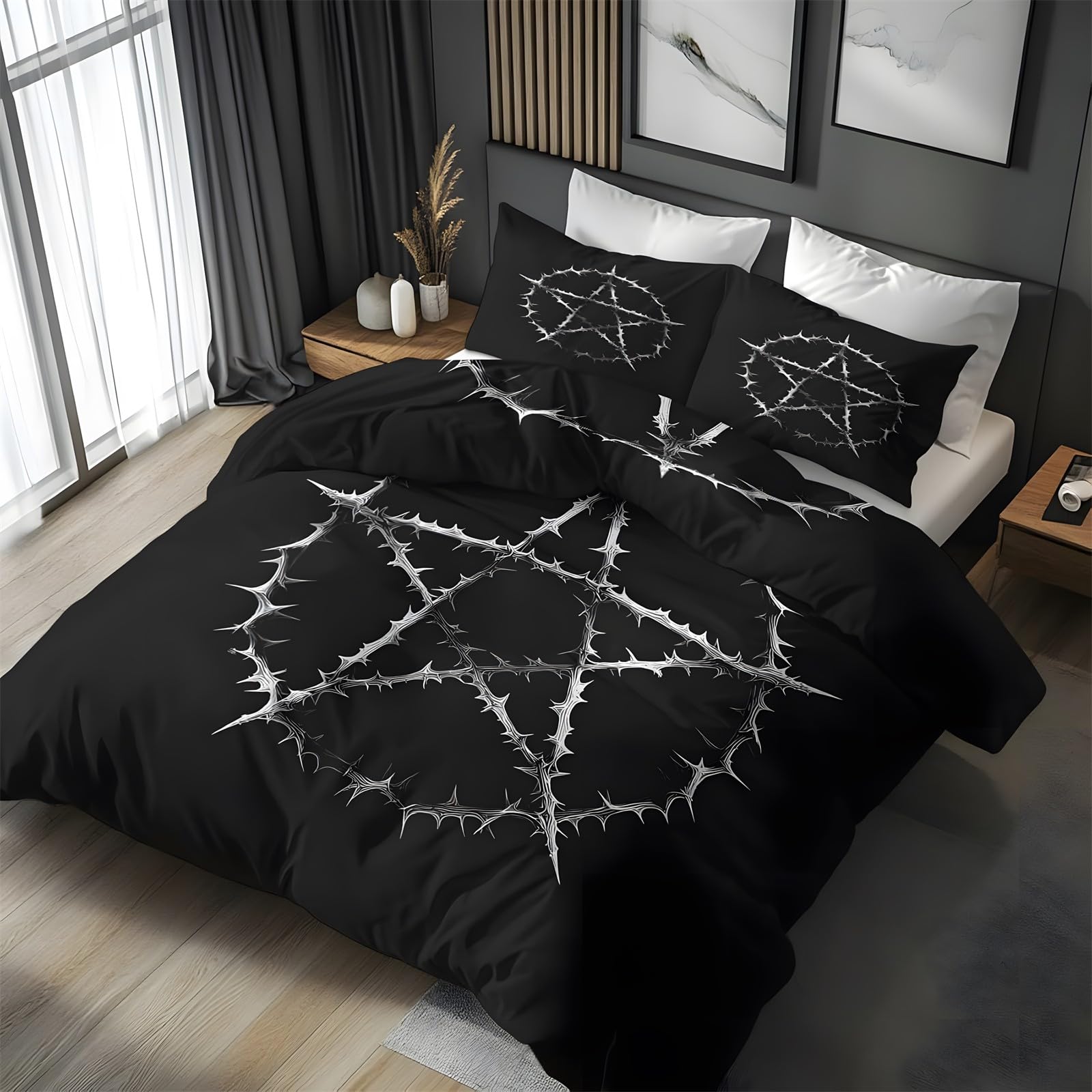 Ypthriline Small Single Duvet Cover Set Pentagram Bedding Set Microfiber Black Duvet Covers with Pillowcases Reversible Bedding With Zipper Closure 120x150CM