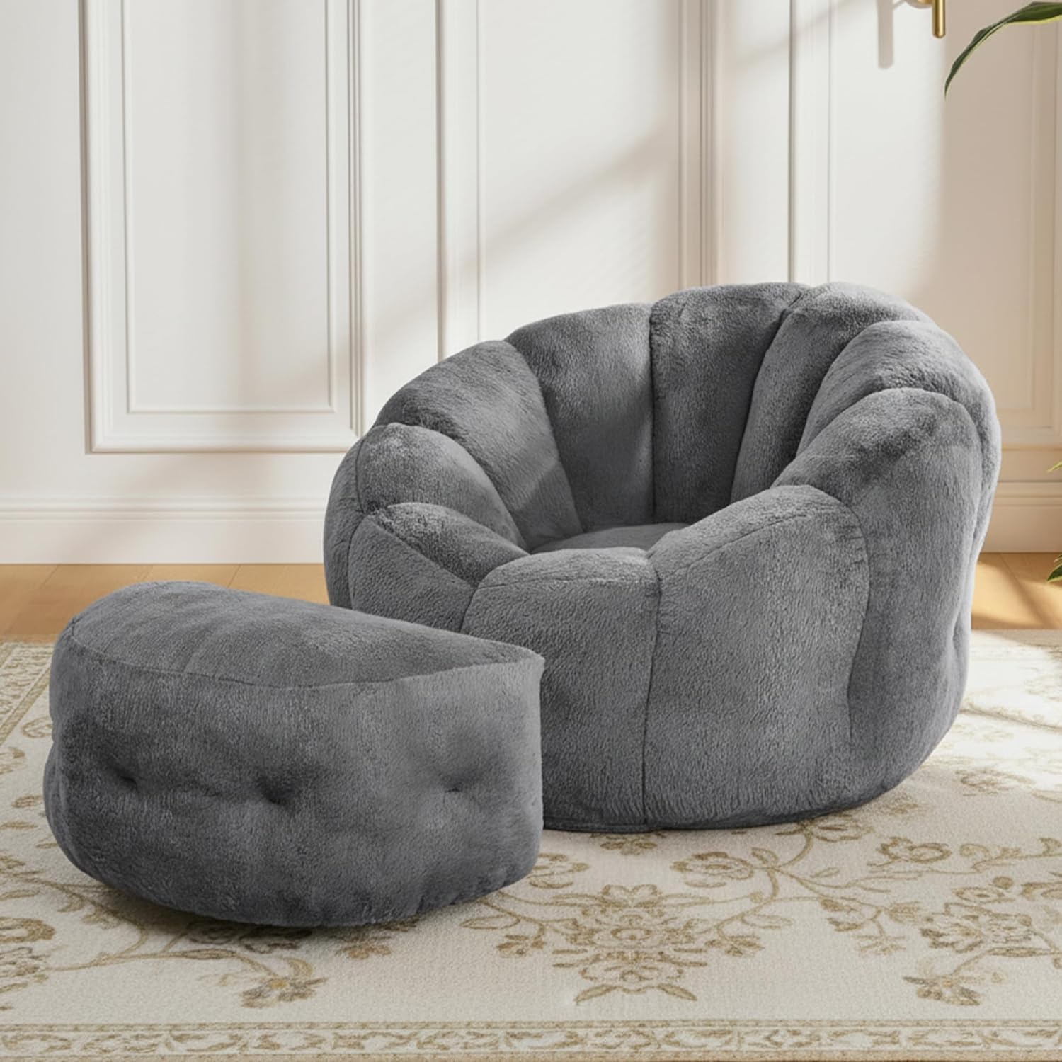 Flower Bean Bag Chair with Ottoman, Comfy Fuax Fur Beanbag for Adults & Teens, Fluffy Plush Floor Lazy Sofa for Bedroom, Living Room, Reading Nook, Grey