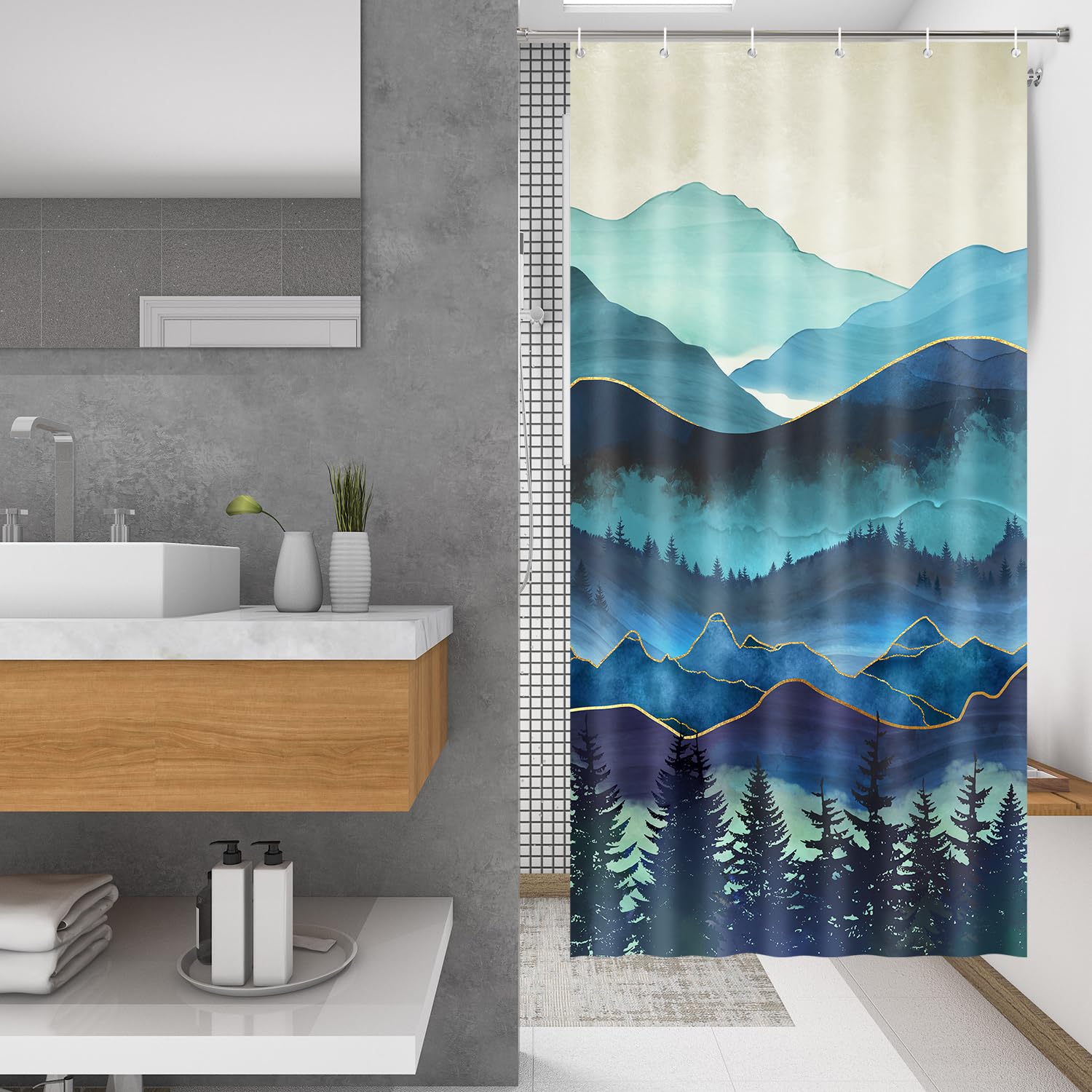 Lokigo Small Stall Teal Forest Shower Curtain 36" W x 72" H, Sage Green Natural Mountains Narrow Dorm Half Size Shower Curtains RV Stand Up for Bath