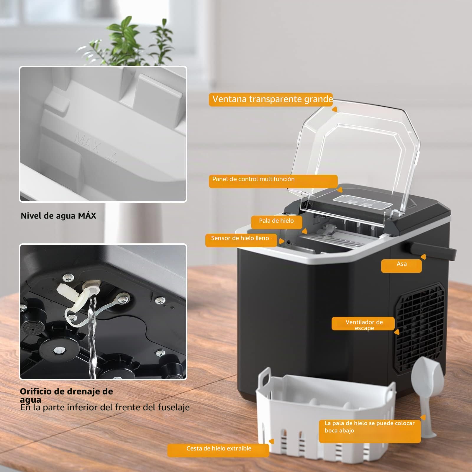 Máquinas para Hacer Hielo Portátil con Mango, Maquina de Hielo para Encimera, Equipado con Hielo Pala de Puede Colocar Boca Abajo, Tamaño S/L 9 Cubitos Hielo/6-10min, 12Kg/24h, Usar en Fiesta/Hogar