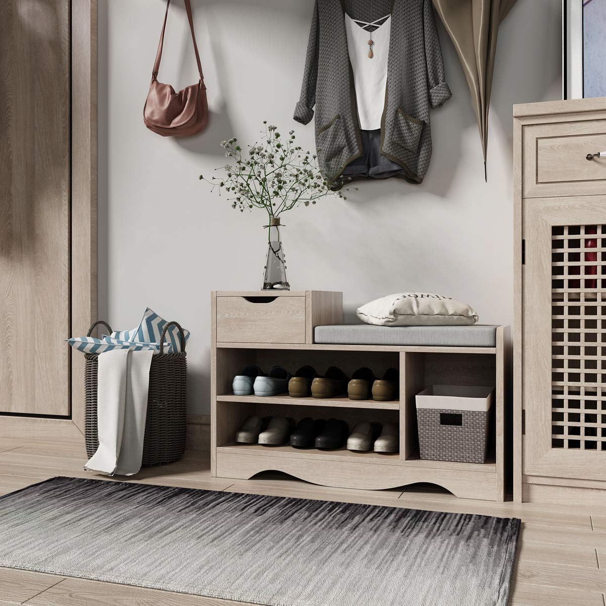 Banc à chaussures avec coussin de siège avec tiroir et banc de rangement, armoire basse, pour meubles de couloir et de salon