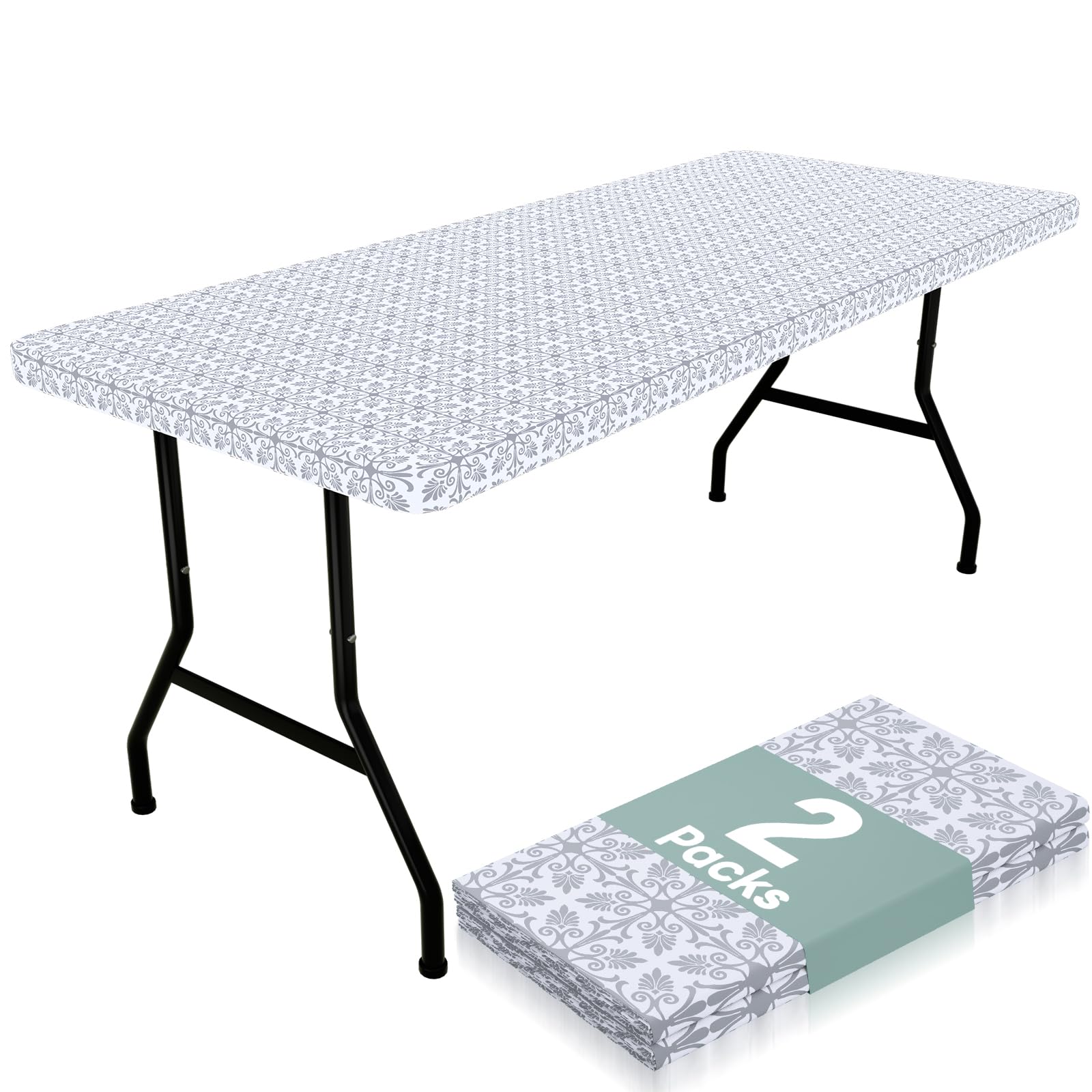 misaya 2 Pack Rectangle Vinyl Table Cloth, Elastic Fitted Flannel Backed Tablecloth, 100% Waterproof Plastic Table Cover Fits Folding Tables for Picnic, Camping, Outdoor (Silver Grey, 30" x 72")