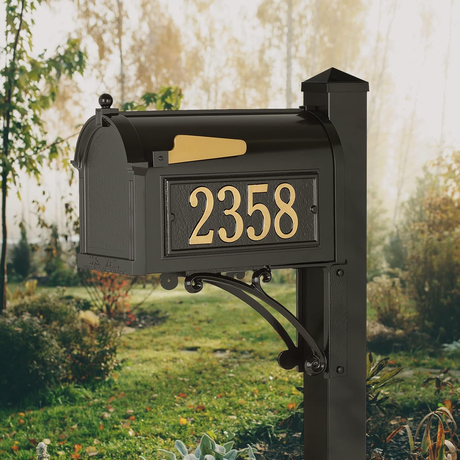 Whitehall Superior Mailbox with Side Address Plaques, Personalized Large Mailbox with Post and Address Plaque for Outside, Package Mailbox with Post Black