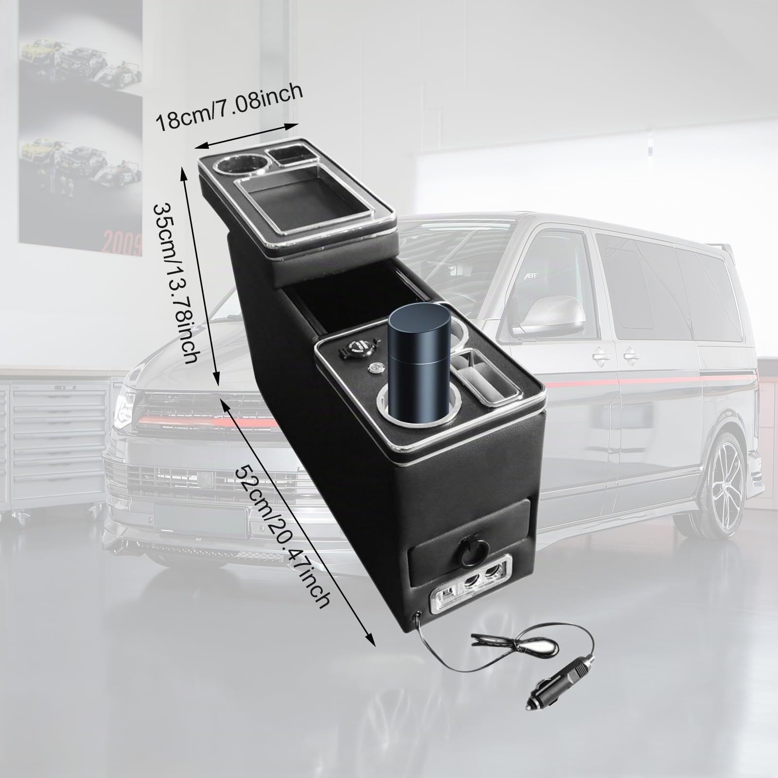 Console Centrale avec étagères de Rangement Compatible Avec VW T4 T5 T6 T7 | T6.1 2003-2019, Porte-Boisson Téléphone Cuir Noir Brillant Accoudoir Avec USB et Lumières LED, Allume-cigare
