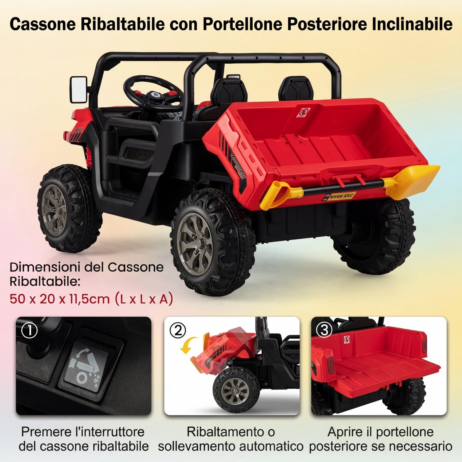 COSTWAY 12V Auto Elettrico per Bambini, Trattore Elettrico con Scatola di Scarico, Macchina Elettrica con Pala Telecomando e Musica, Regalo per Bambini 3-8 Anni, 3-8 km/h (Rosso)
