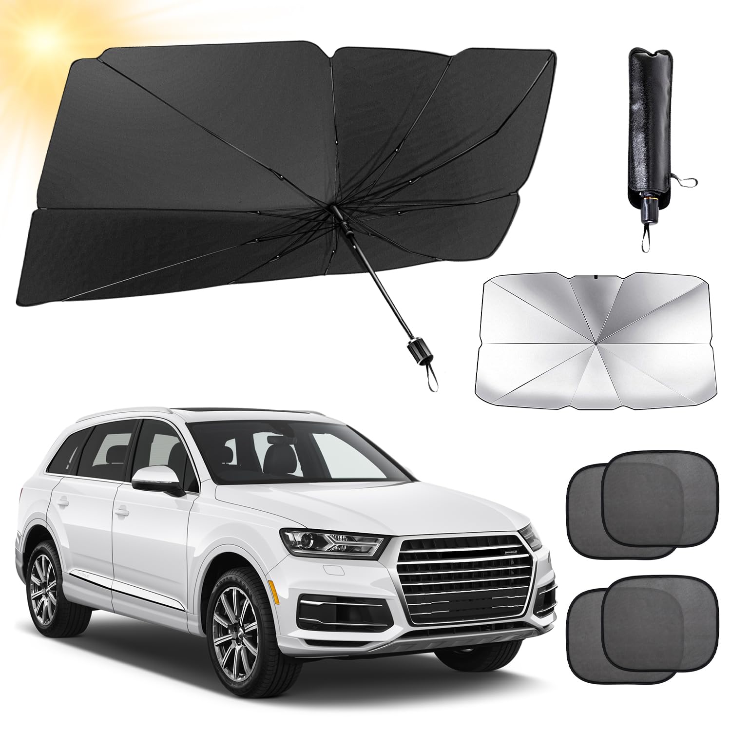 Necomi Car Windshield Sun Shade with 4-piece Mesh Side Shields,Foldable Car Windshield Sun Shade Cover,Front Windshield Reflective Sunshad for Most Car&SUV with Leather storage pocket 140 * 78cm