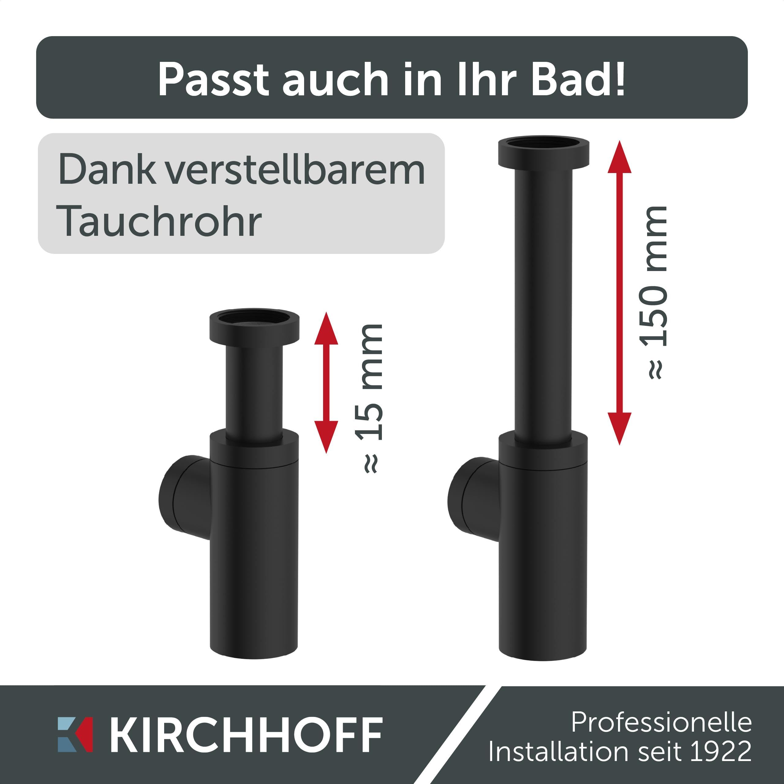 Bundle aus KIRCHHOFF Design Universal Eckventil mit Schnellverschluss + Design Siphon, Matt Schwarzer Abfluss, Ablaufgarnitur für Waschbecken, Geruchsverschluss mit Reinigungsöffnung, Flaschensiphon