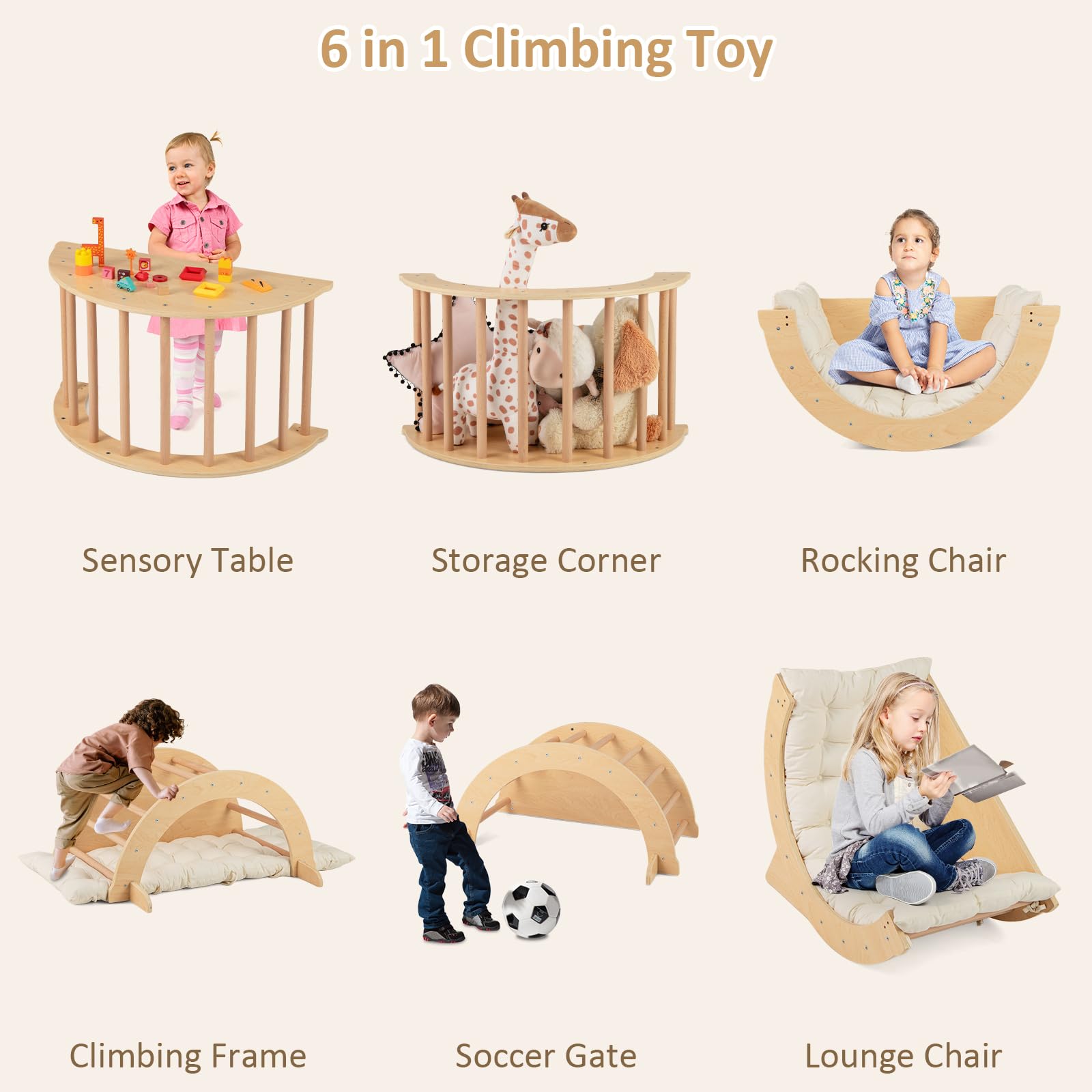 INFANS Wooden Arch Climber Rocker with Cushion, 6 in 1 Montessori Climbing Toys for Toddlers, Waldorf Children Table Indoor Gym Learning Playset for Kids Boys Girls