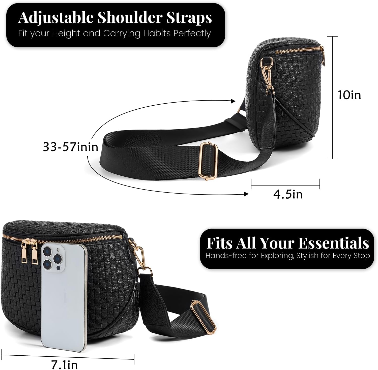 Woven Vegan leather Crossbody Bags For Women, Checkered Fashion PU Bum Bag Waist Pack, Travel Sling Purse with Adjustable Strap（Dark Black)