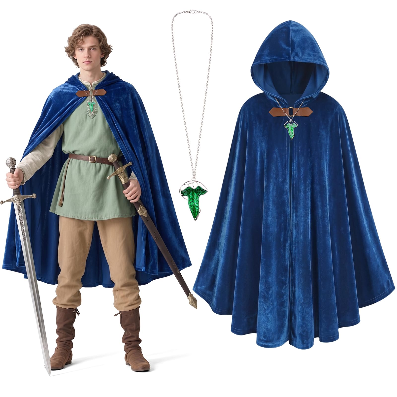 BSBUY Medieval Costume Cloak with Hood Men Renaissance Hooded Coat Vintage Gothic Witch Wizard Robe Hooded Cape with Green Leaf Brooch Necklace for Halloween World Book Day Costume(Navy Blue)
