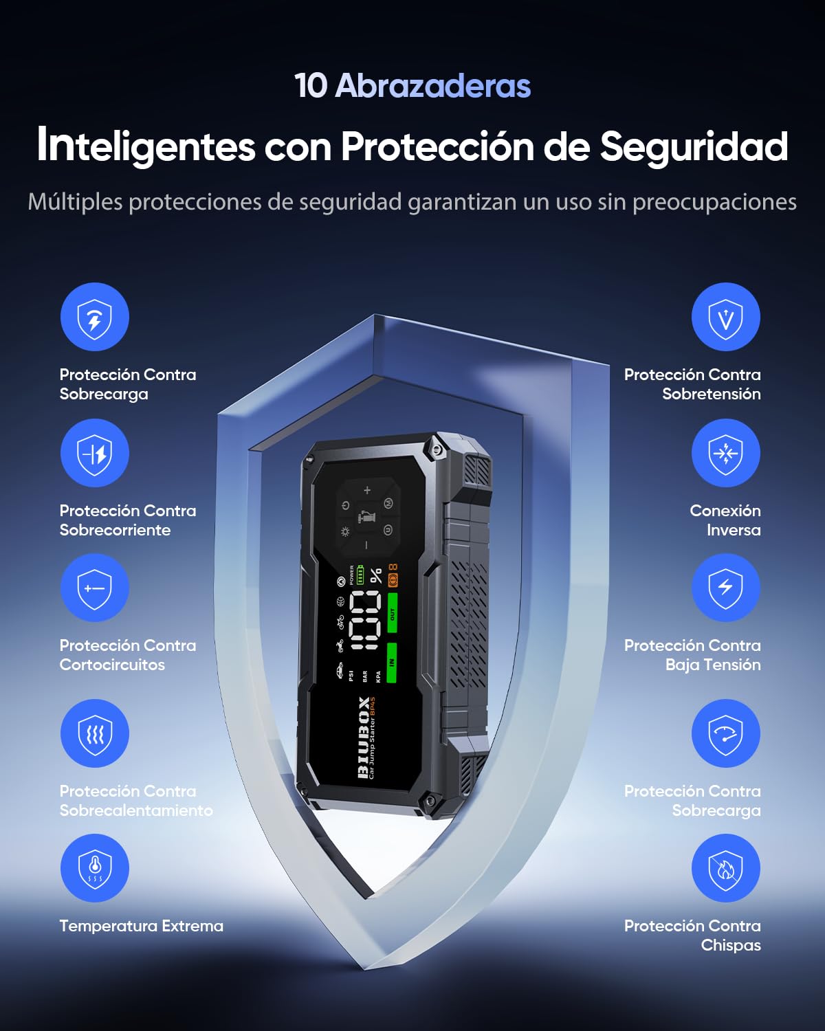 Arrancador de Baterías de Coche con Compresor de Aire 150PSI, 8500A BiuBox Arrancador de Coches Portatil (para Toda Gasolina o 9L Diesel), Booster Batería de 12V Jump Starter con Luz LED 500lm
