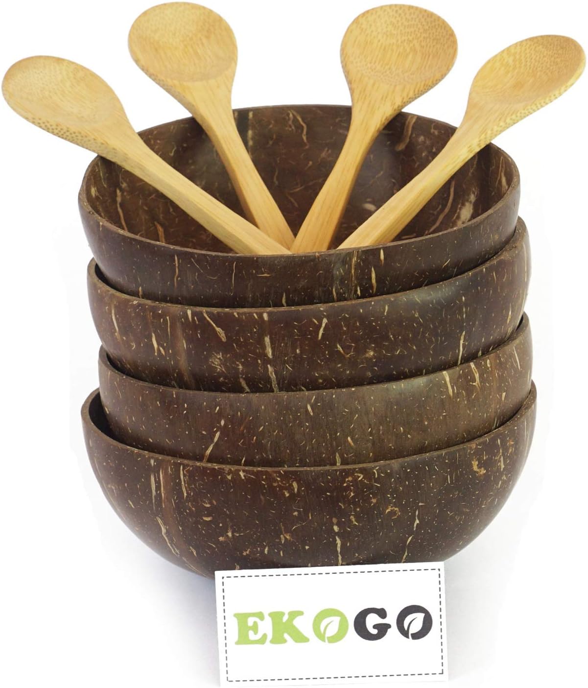 Set of 4 Coconut Bowls with 4 Spoons | Polished With Coconut Oil | Handmade, Vegan, Natural, Eco Friendly, Reusable Bowl for Breakfast, Serving, Decoration, Party