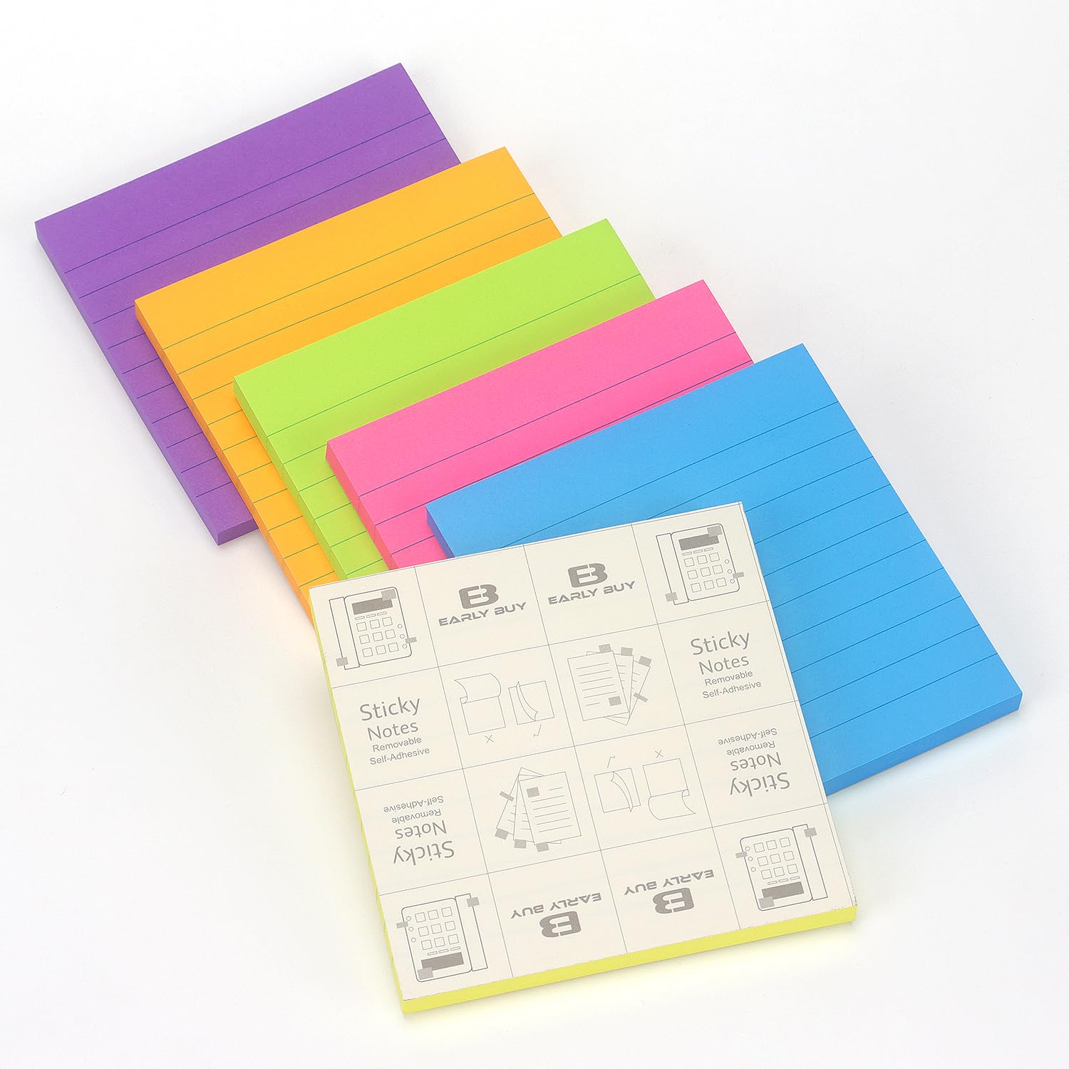 Early Buy Linierte Haftnotizen mit Linien, 4 x 4, selbstklebende Notizen, 6 helle Farben, 6 Blöcke, 80 Blatt 6 Bright