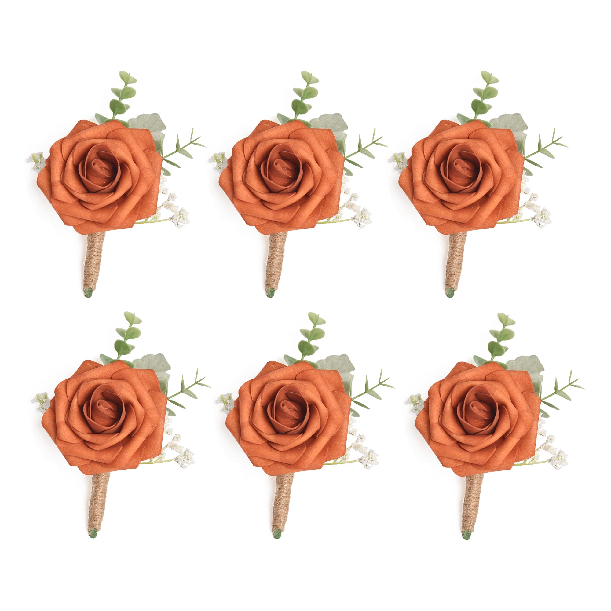 ANNKIN Burnt Orange Rose Boutonniere with Eucalyptus for Men, Set of 6, Wedding flower Boutonnieres with Pins for Groom and Best Man Wedding Ceremony Anniversary, Homecoming Prom Party