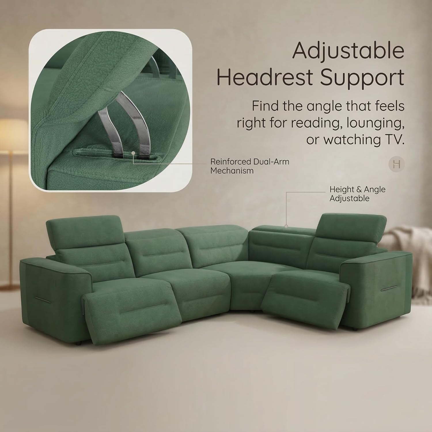 Power Reclining Sectional Sofa with USB Port & Adjustable Headrest, 4 Piece L-Shaped Flannel Recliner Sofa Set, Corner Living Room Sectional Couch with High Density Foam & Solid Wood Frame
