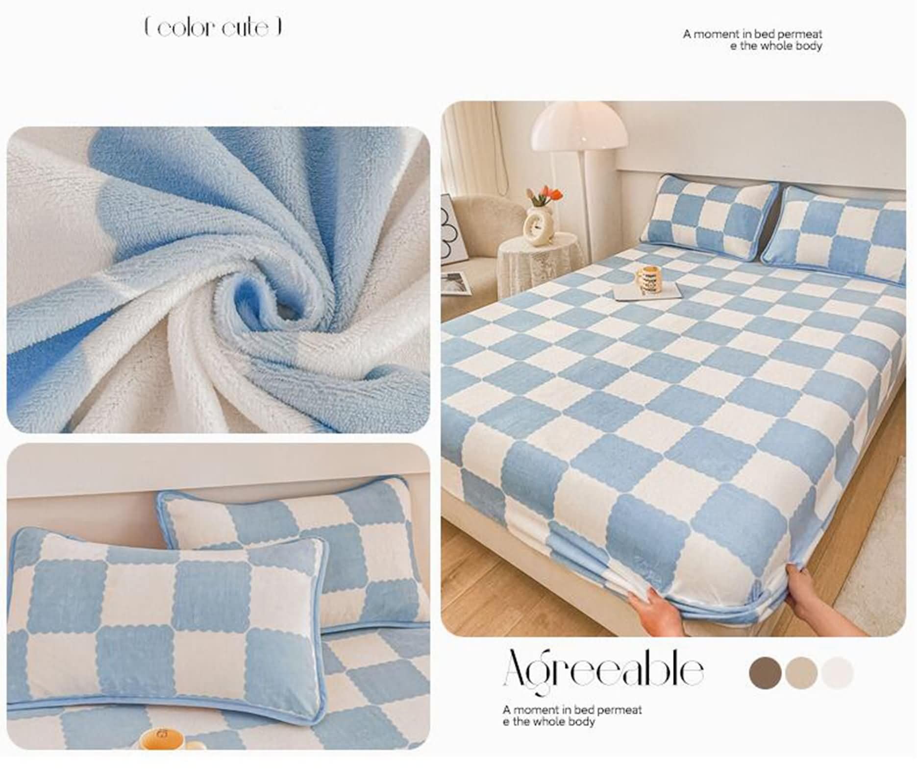 Daesar Lenzuola Sopra Matrimoniale e 2 Federe 200 x 220 CM, Lenzuolo da Letto Matrimoniale Invernali Velluto Motivo Geometrico A Quadri Traspirante e Morbido, Lavabile in Lavatrice, Blu Chiaro