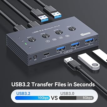 USB 3.2 Switch Selector 4 Computers Share 1 USBC & 3 USBA Devices 10Gbps 4 Port USB Switcher Sharing Keyboard Mouse Printer Scanner with Cable and Remote Control and a dapter