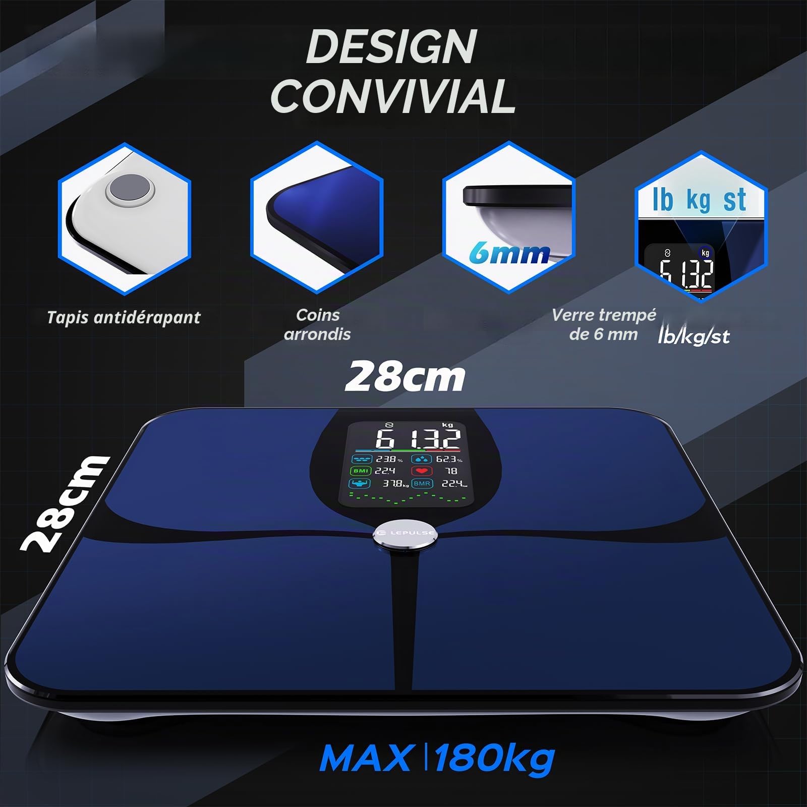 Balance Pese Personne Connectée Impédancemètre, 4,68" Grand écran VA, 22 Métriques, Fréquence Cardiaque, Balance Masse Graisseuse et Musculaire, Port Type-C, App Android/iOS, 180kg/400lb
