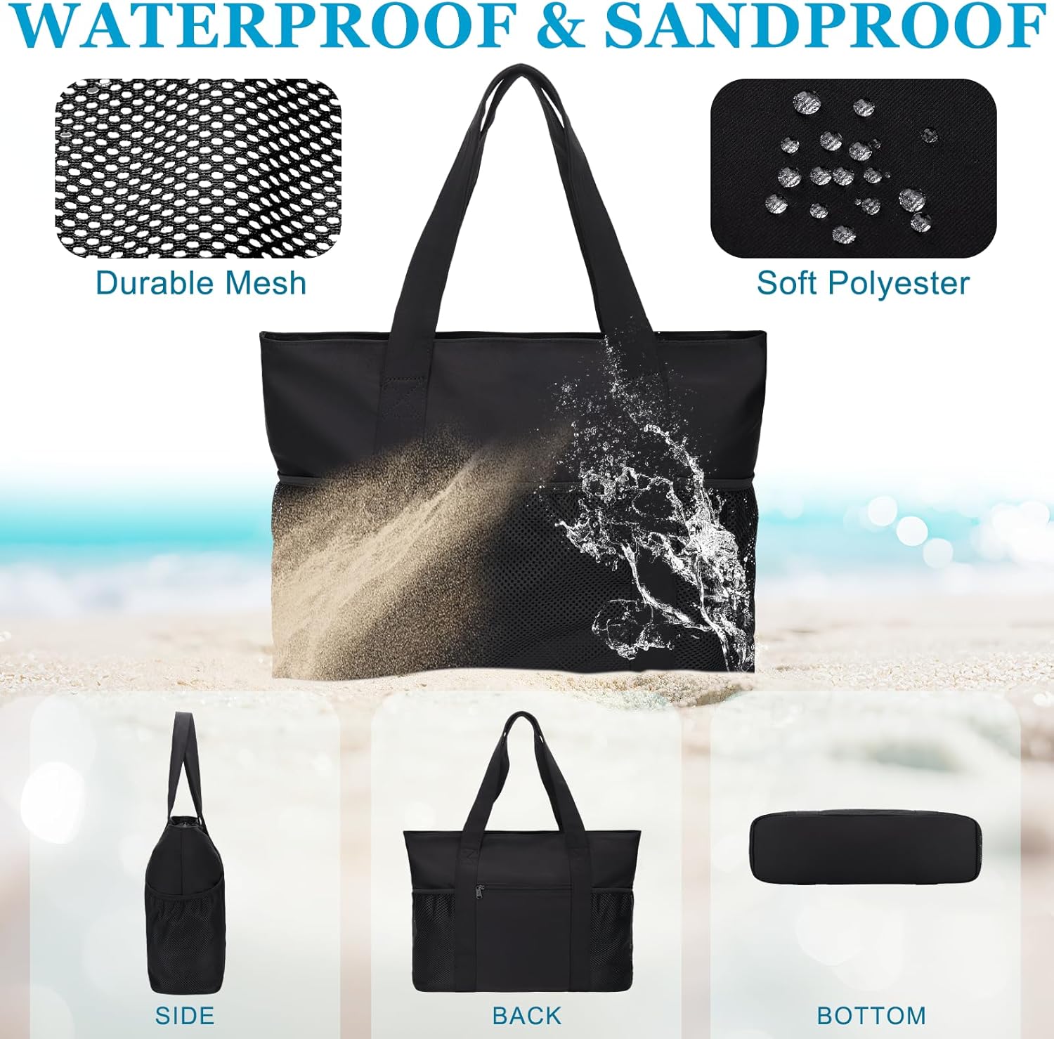 VASCHY Beach Bag for Women, Foldable Waterproof Sandproof Beach Tote with Zipper/Mesh Pockets for Vocation/Cruise/Gym/Travel