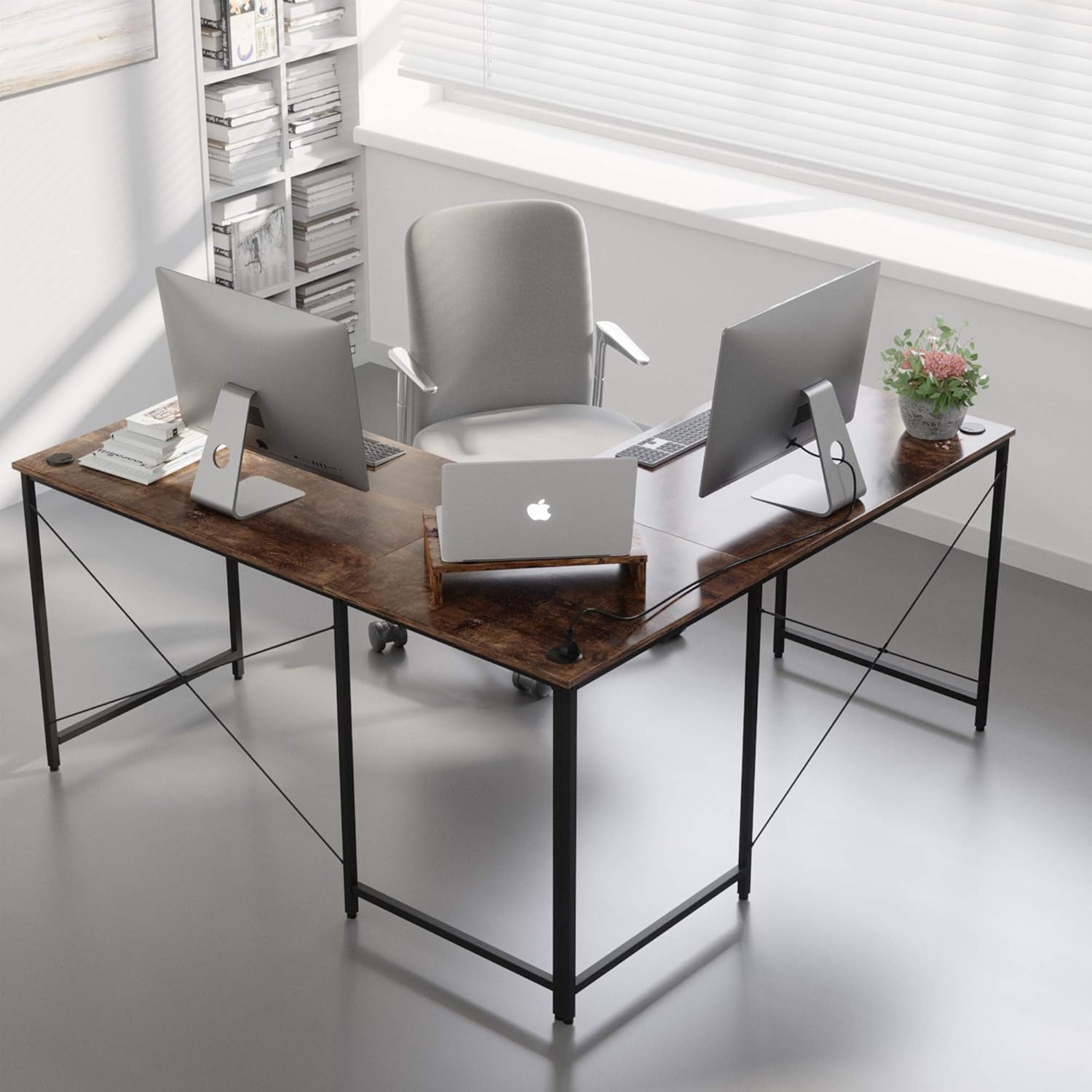 Bestier L Shaped Desk 95.2 Inch with Power Outlet Reversible Corner Office Desk or 2 Person Long Table for Home Large Gaming Writing Workstation with Monitor Stand and 2 Cable Holes, Rustic Brown : Home & Kitchen