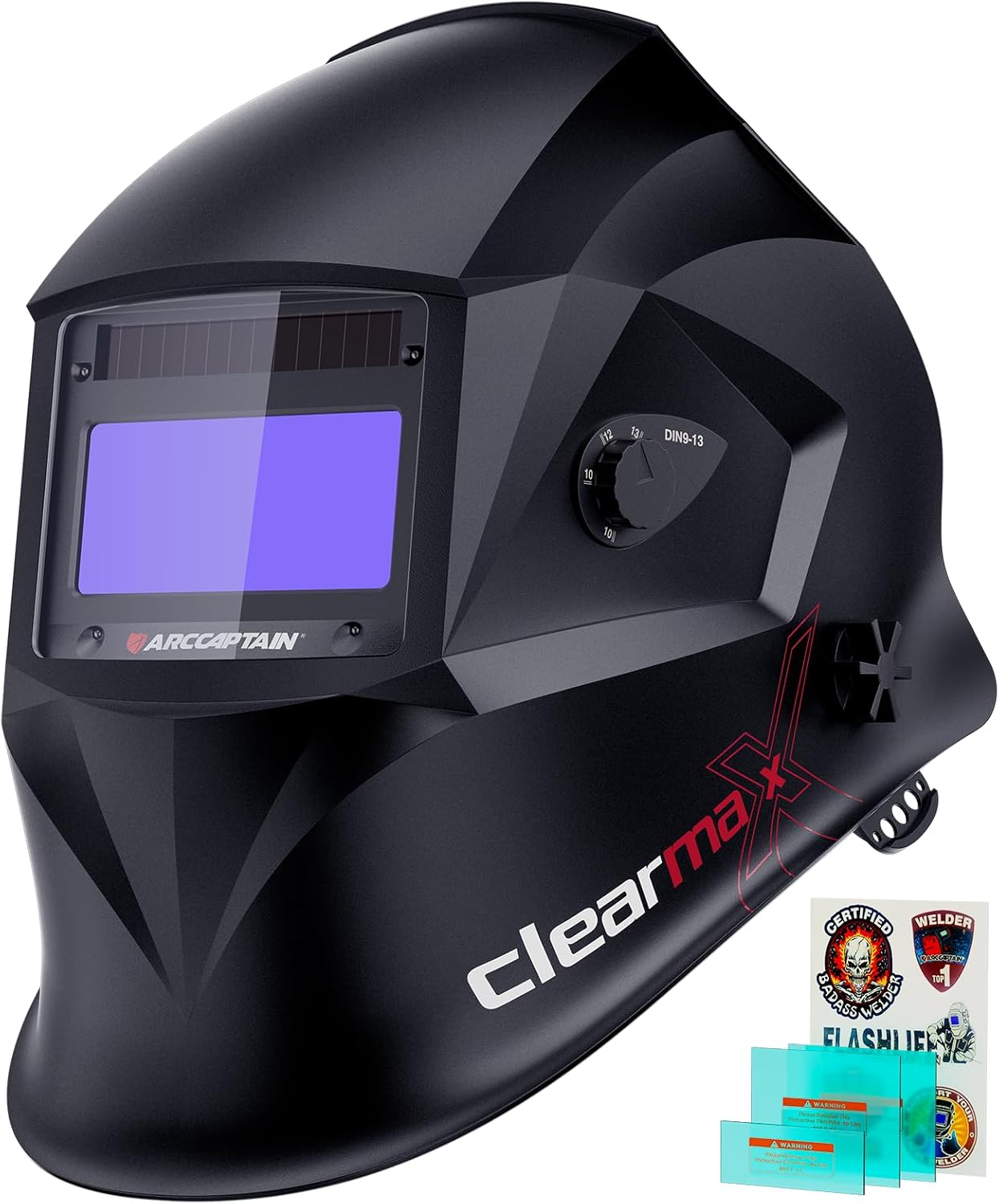 ARCCAPTAIN Welding Helmet Auto Darkening, True Color Solar Powered Welding Mask with 4 Arc Sensor, 1/1/1/1 Optical Clarity and Adjustable Shade 4/9-13 Welder Helmet
