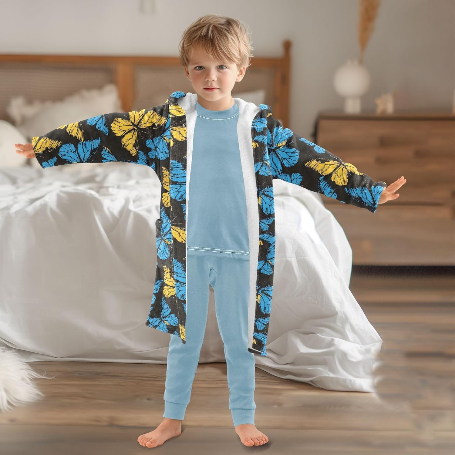 senya Yellow Butterflies Pattern Toddler Hooded Bathrobe Kids Soft Plush Bath Towel Robes for Boys Girls 2-12 Years
