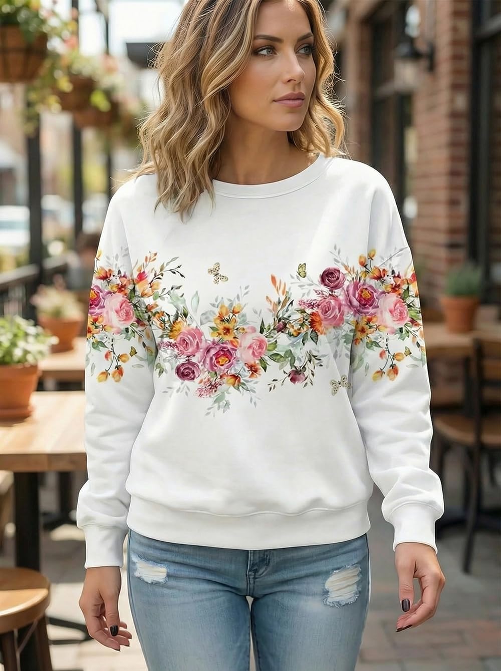 Floral Printed Sweatshirt Womens Boho Flowers O-Neck Pullover Tops Garden Lovers Vaction Long Sleeve Shirts - Image 3
