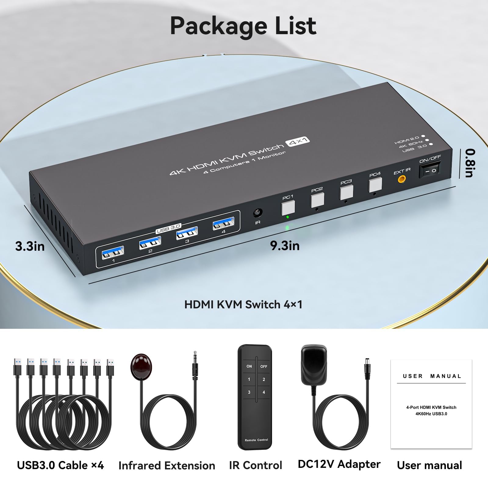 KVM Switch 4 PC 1 Monitor HDMI 4K60Hz Edid Emulation KVM Switch 4 Port USB HDMI Umschalter für 4 PC Die Sich 1 Monitor Und 4 USB3.0-Geräte Teilen IR-Fernbedienung Und 12V Netzteil Enthalten