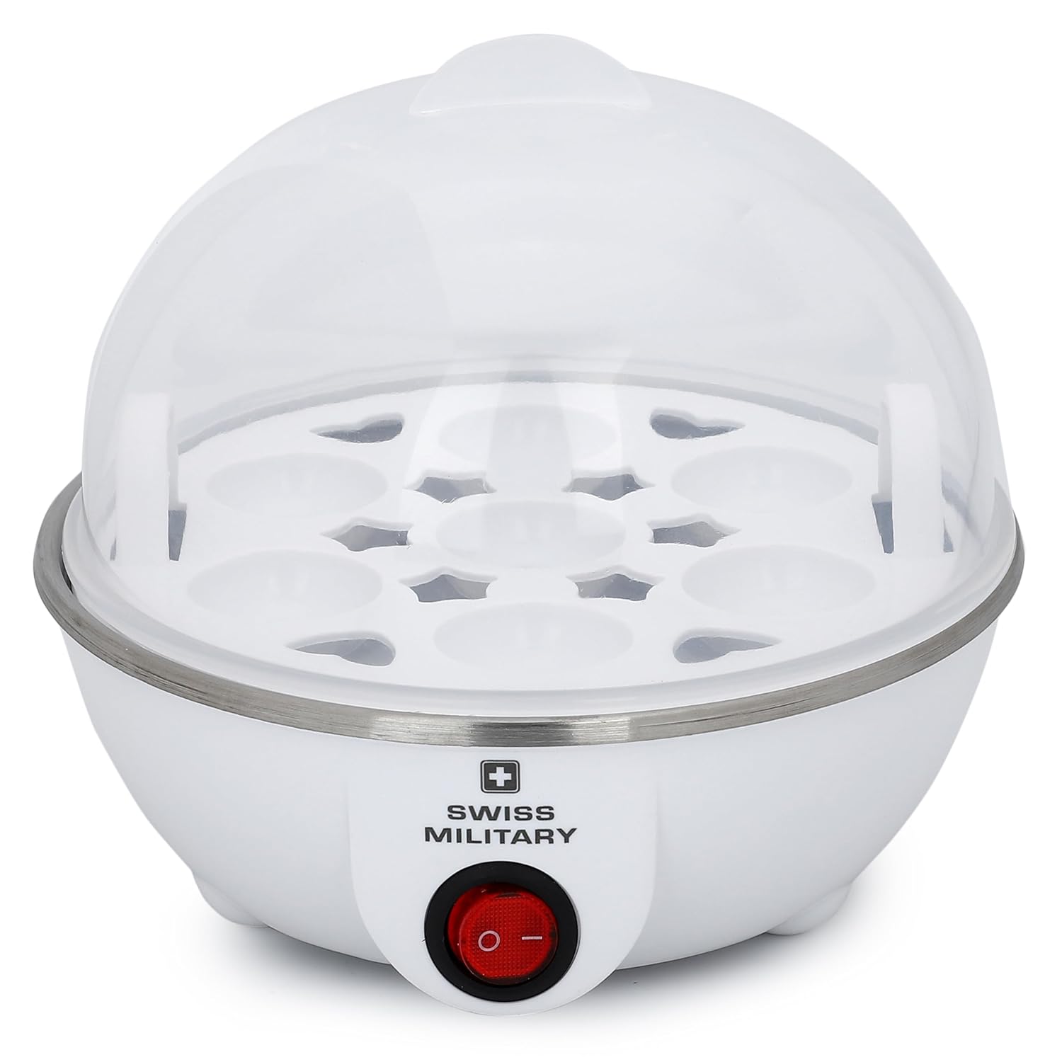 Swiss Military Electric Egg Boiler, 7 Egg Steamer, Automatic Power-Off, Stainless Steel Heating Plate, Transparent Lid, Shock Proof, Fast Boiling Egg Cooker for Hard, Soft, Medium Boiled Eggs-White