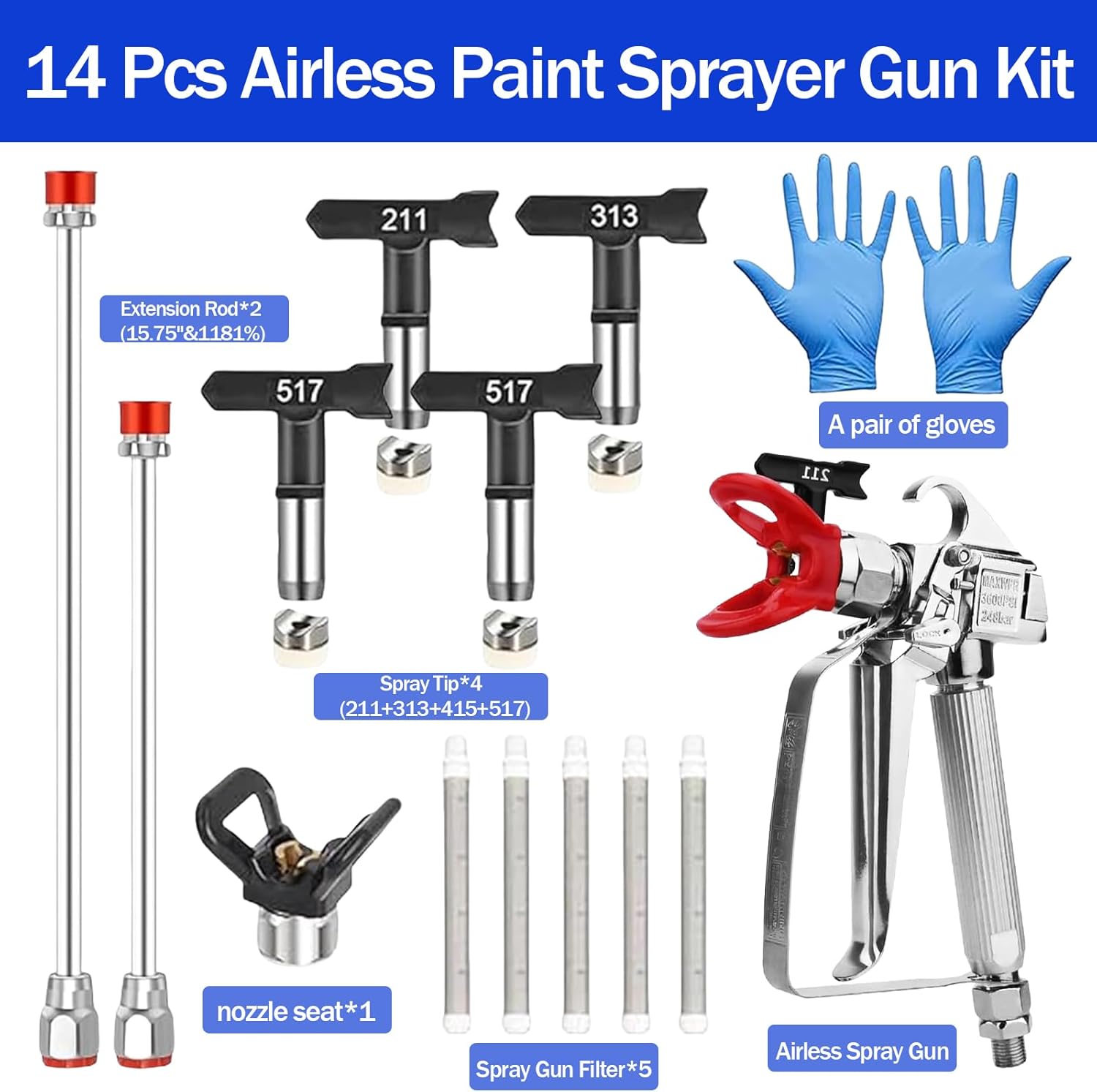 15 Pcs Airless Paint Sprayer Gun Kit – 3600PSI Professional Spray Gun, 4 Reversible Tips (211/313/415//517), 2 Extension Rods, 5 Filters & 1 Nozzle Seat，a Pair of Gloves
