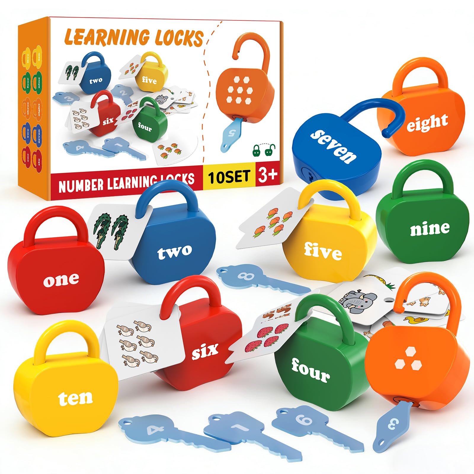 GEERAY Cause and Effect Toys for Toddlers 3 4 5, Montessori Lock & Key Set with 10 Apple-Shaped Locks, Keys & 20 Cards Numbers Matching & Counting, Preschool Learning Games Gifts โ image 1