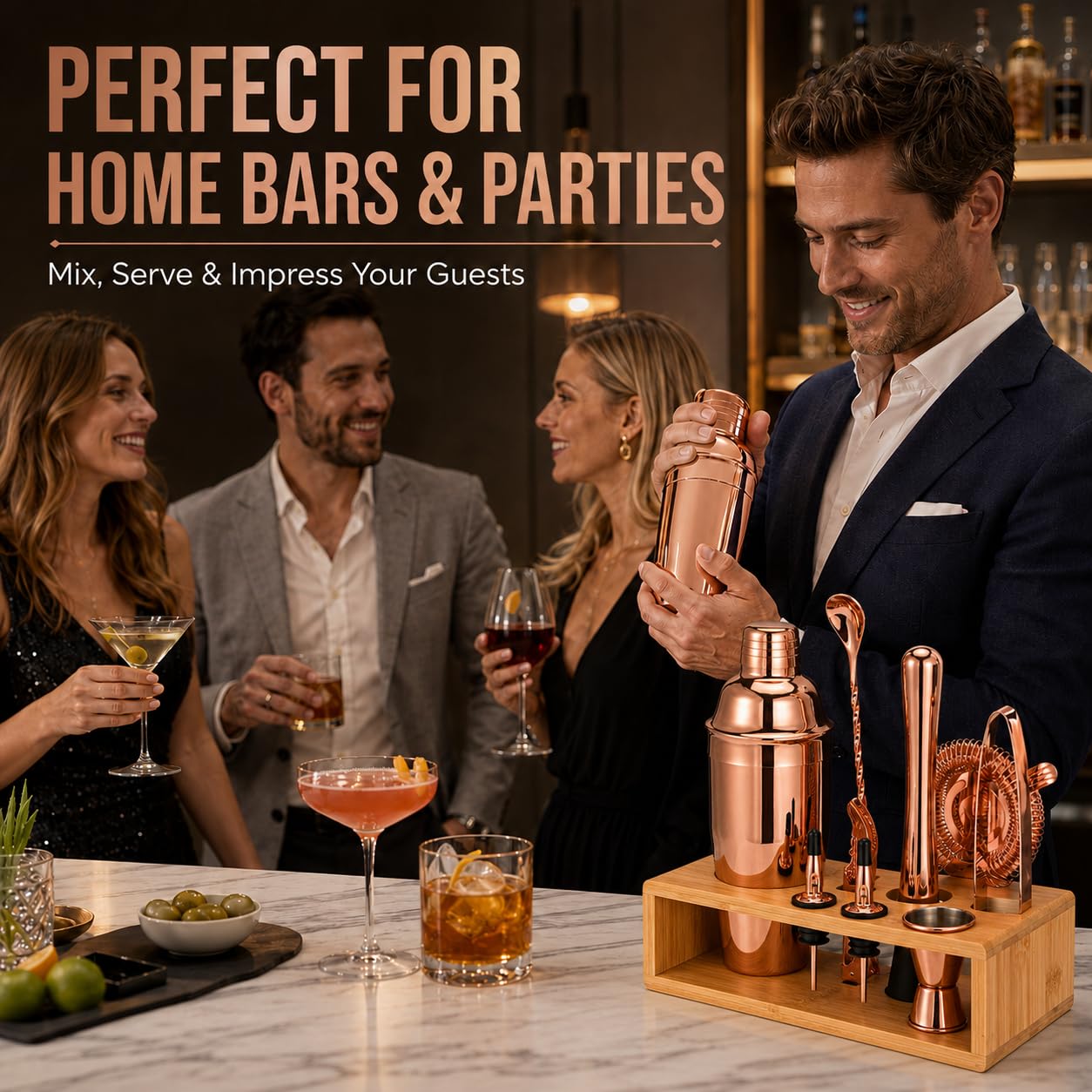 Rose Gold Cocktail Shaker Set, Premium 18/8 Stainless Steel Mixology Bartender Kit with Stylish Bamboo Stand 10-Piece Bar Tools & Accessories for Home Decor - Gift for Women, Mom, Wedding view 7