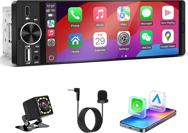 Radio de auto de una sola DIN con Apple CarPlay y Android Auto inalámbricos (negro) | Pantalla táctil de 6.36", cámara de reversa, control por voz, ecualizador de 10 bandas, control en el volante, radio FM, USB-C