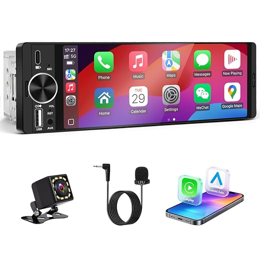 Single DIN Car Stereo with Wireless Apple CarPlay & Android Auto(Black)