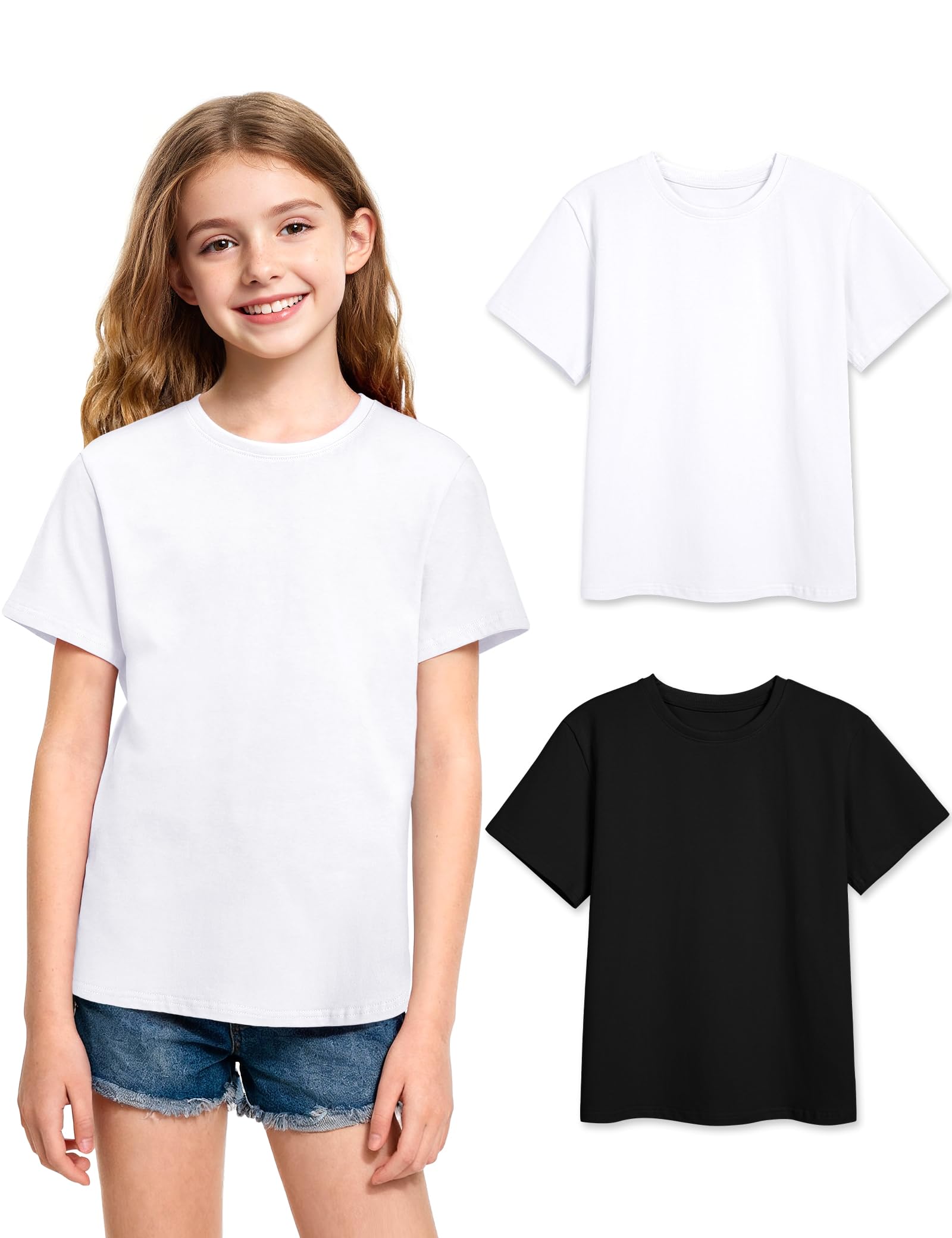KEREDA Mädchen T-Shirt Sport Kurzarm Tops Kinder Sommer Shirts 2er-Pack | Basic Oberteile, Casual Tees, Einfarbig, Rundhals, Für Teenager, 7-14 Jahre, Weicher Stoff,Waschfest, Atmungsaktiv