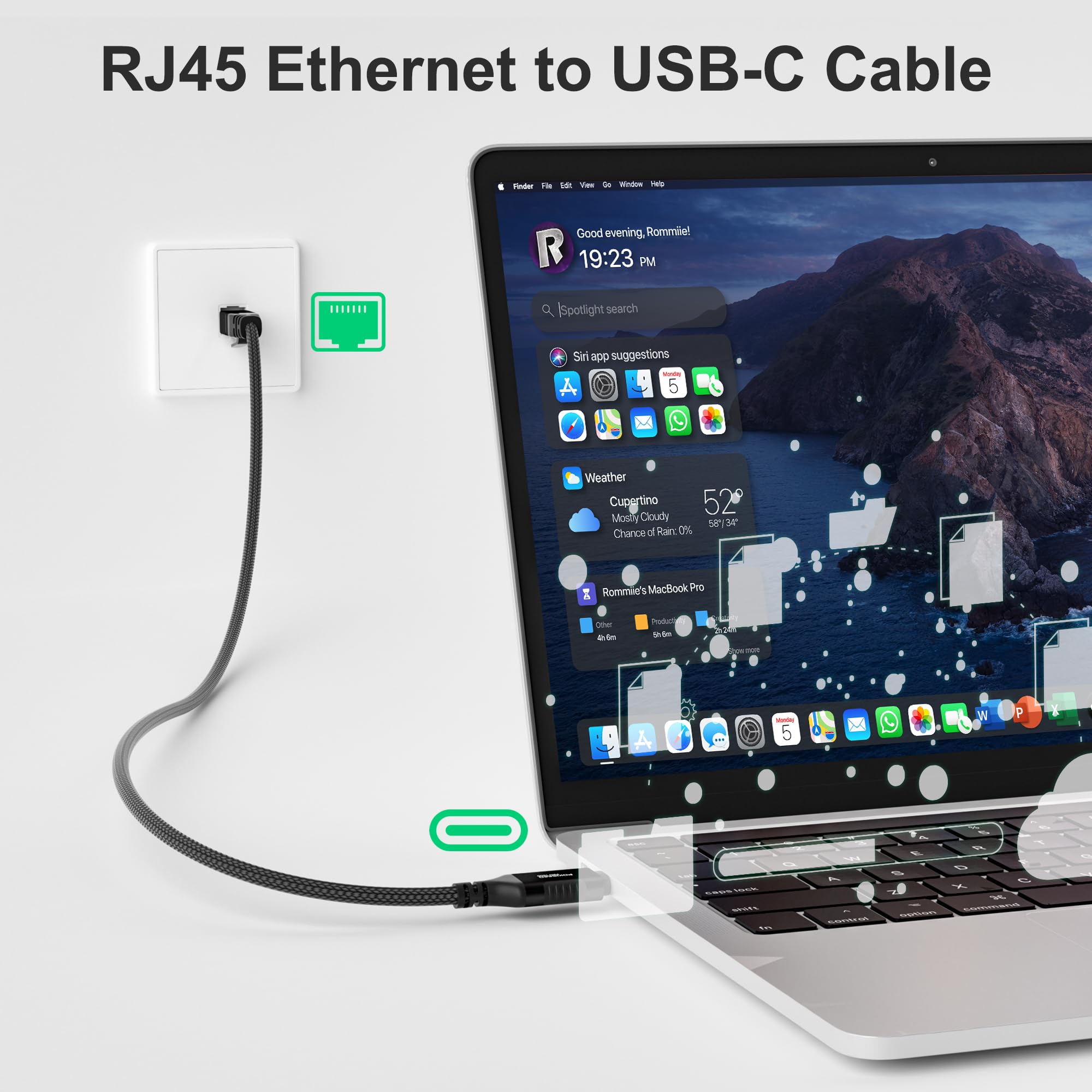 Câble USB C vers Ethernet de 15,2 m, adaptateur réseau LAN de type C vers RJ45, Gigabit, tressé, directement connecté, Thunderbolt 4/3, compatible avec MacBook Air/Pro, XPS, iPhone 15, Galaxy S24