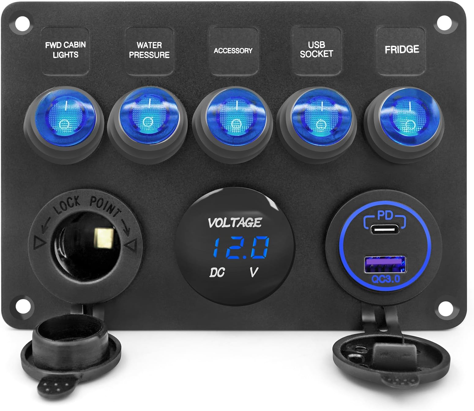 5 Gang Marine Switch Panel w/Blue Voltage Display, USB PD & QC3.0, 12V Socket, Circuit Breaker - for Boat, Yacht, Truck, RV, Car, Bus, Waterproof