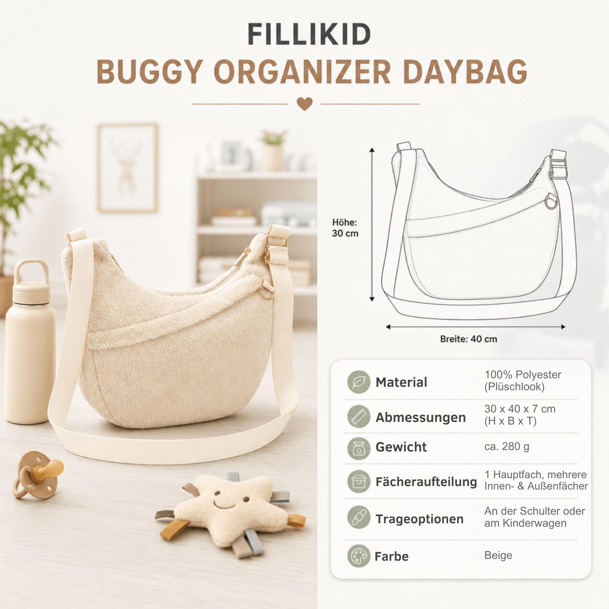 Fillikid Buggy Organizer Daybag | Stilvolle Kinderwagen-Tasche aus Teddyplüsch | Weich & luxuriös | Mit praktischer Fächeraufteilung | Ideal für Windeln, Snacks & mehr | Einfache Befestigung