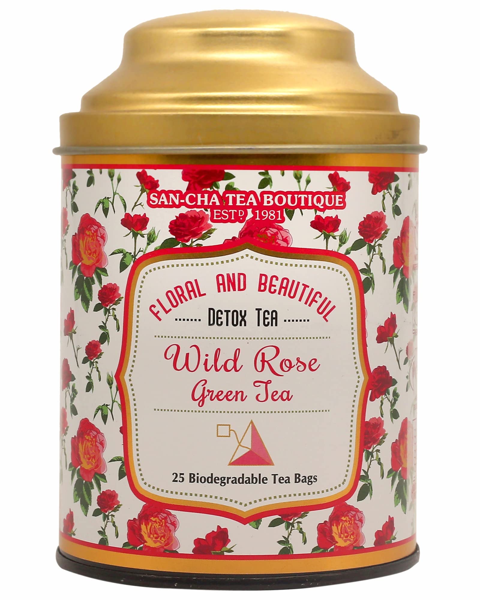 Sancha Tea Boutique, Wild Rose Green Tea, 25 Pyramid Tea Bags, Floral & Refreshing Blend with Real Rose Petals, Rainforest Alliance Certified