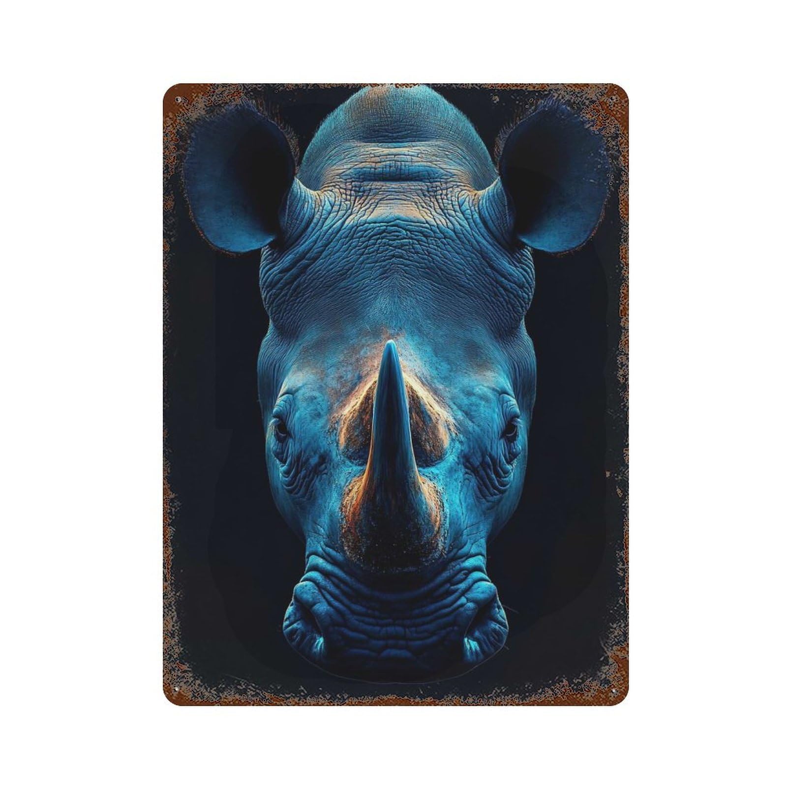 Rust Effect Blue Rhino Portrait Aged Metal Wall Plaque 15.7"x11.8", Classic Wall Plaque for Basement, Hobby Room And Garage Decor