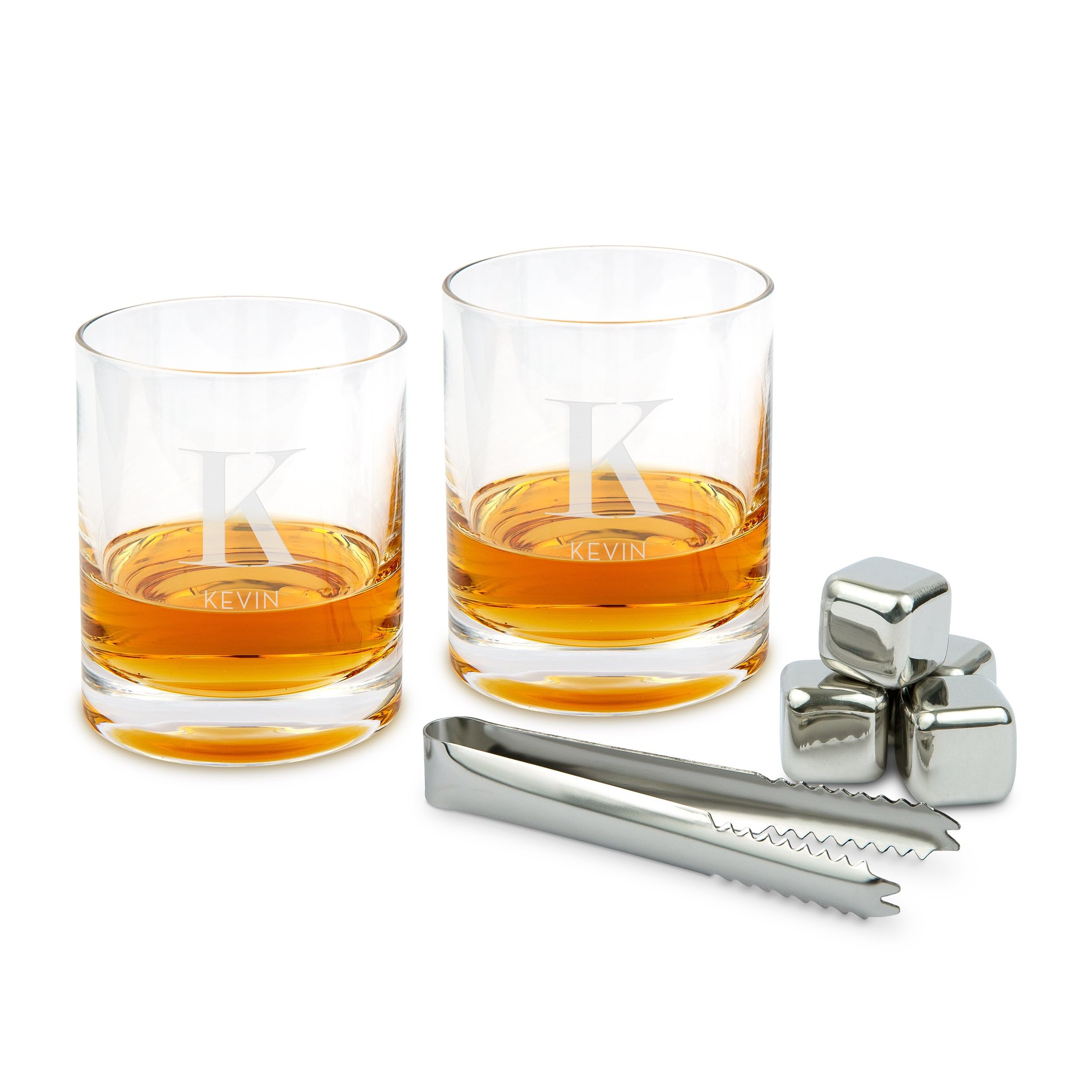 WEDDINGSTAR Custom Engraved Round 11 Oz. Whiskey Glass Gift Set with Whiskey Stones - Modern Serif Initial