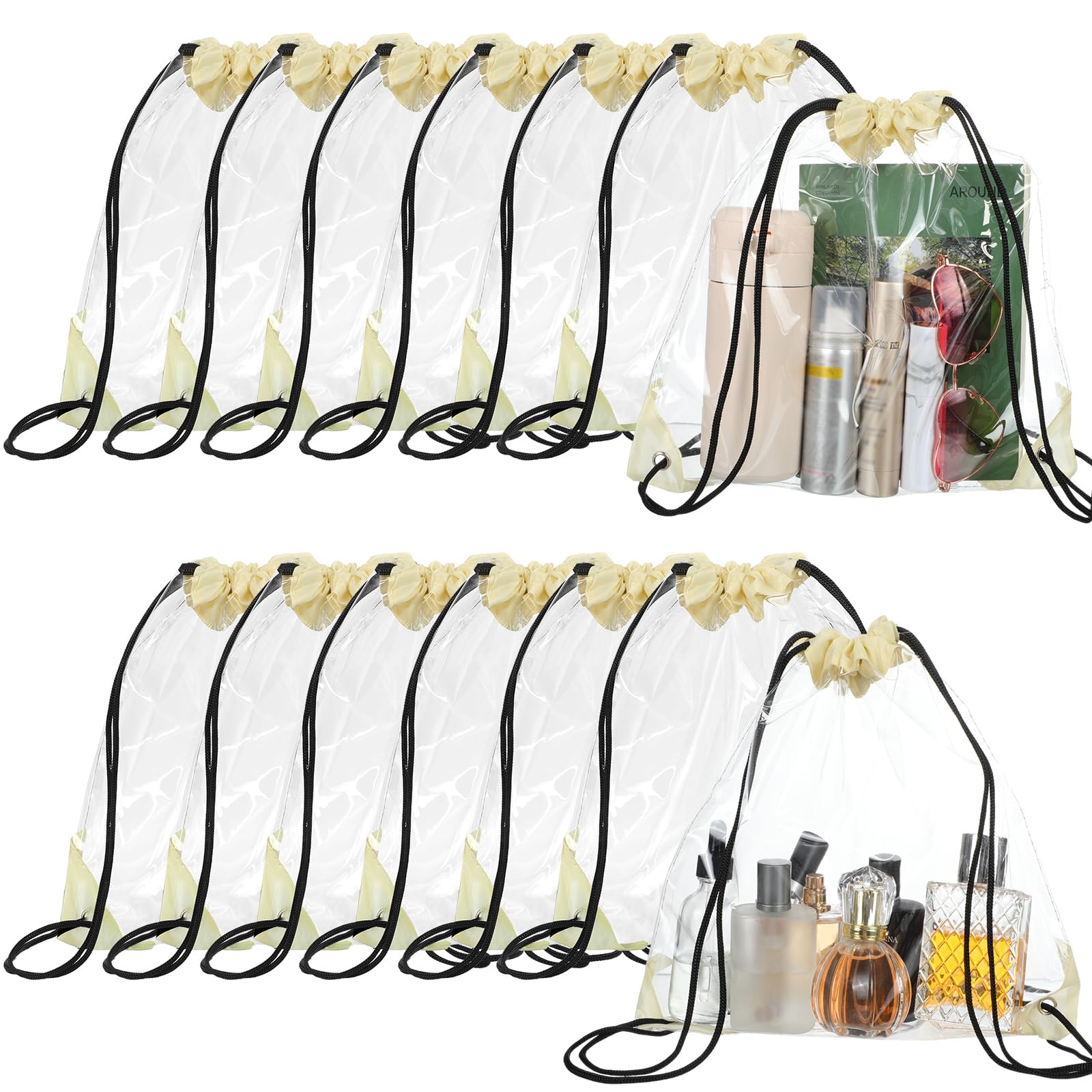 Shappy 30 Pcs Clear Drawstring Backpack, Plastic Waterproof Transparent Stadium Bags String Bag for Gym Travel (Beige)