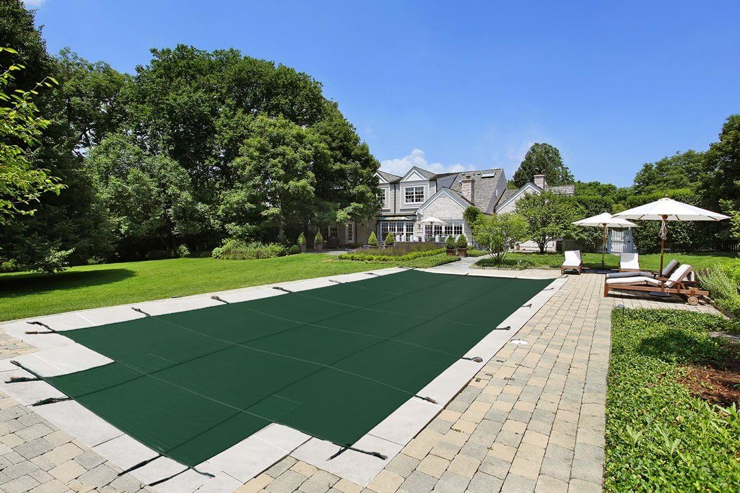 20'x40' Mesh - CES Rectangle Inground Safety Pool Cover - 20 ft x 40 ft In Ground Winter Cover with 4'x8' Center End Steps (Green)
