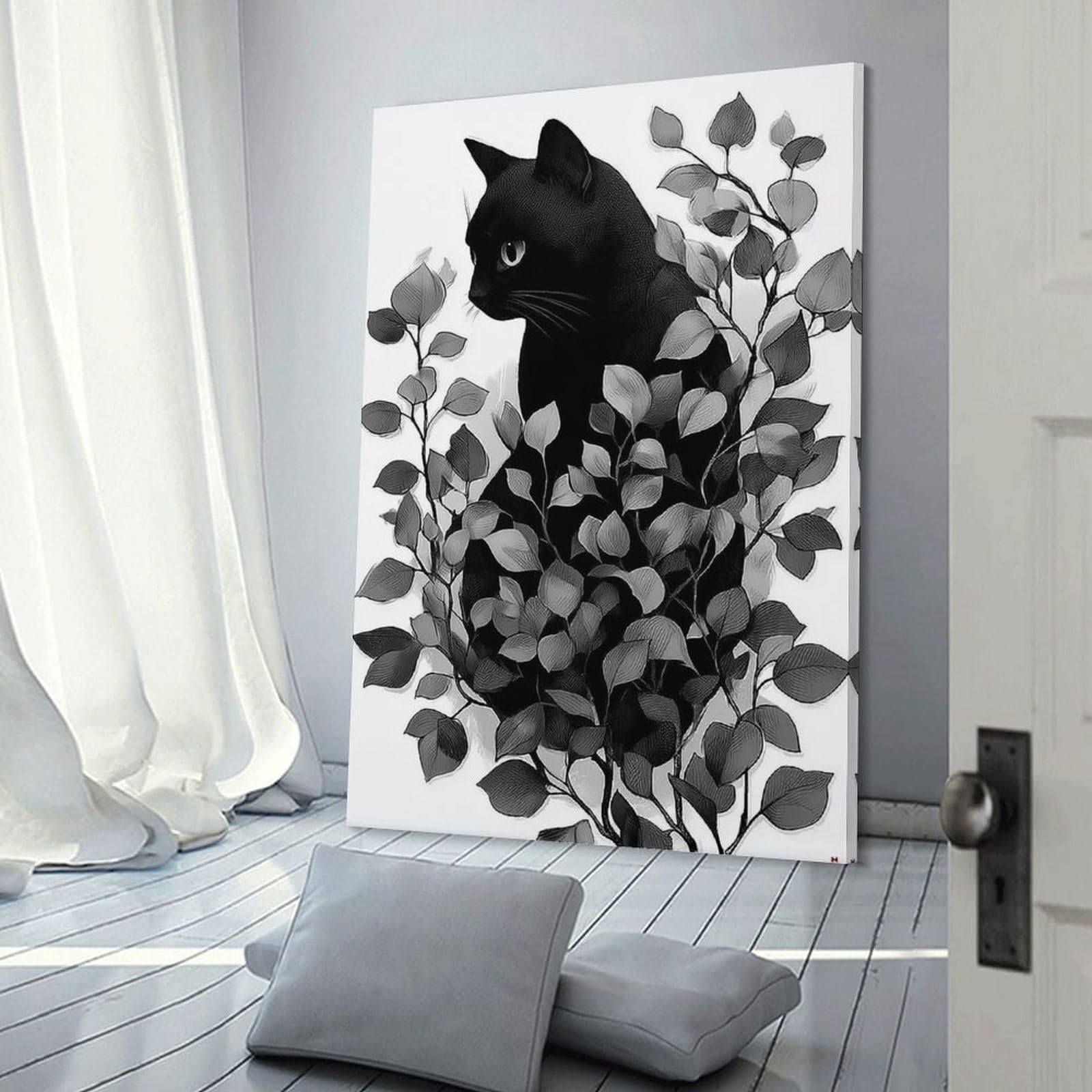Junmoney Black Cat Among Leaves Home Decor Wall Art, 20x30inch(50x75cm), for Home Walls, Creative Rooms Or Shared Spaces, An Adaptable Decor Piece for Home Use