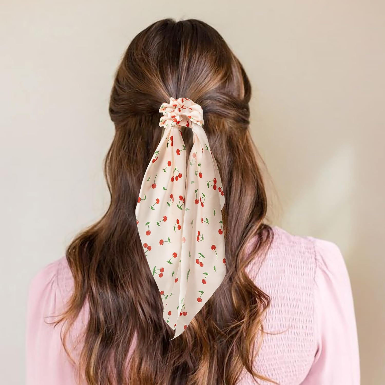 6 PCS Bow Silk Scrunchies, Hair Ties with Bows, Hair Scrunchies for Women Girls, Knotted Bow Silk Hair Ties, Satin Hair Ribbon Elastic Hair Tie Hair Accessories Valentine's Day Gifts, Cherry Pink-Long - Image 5