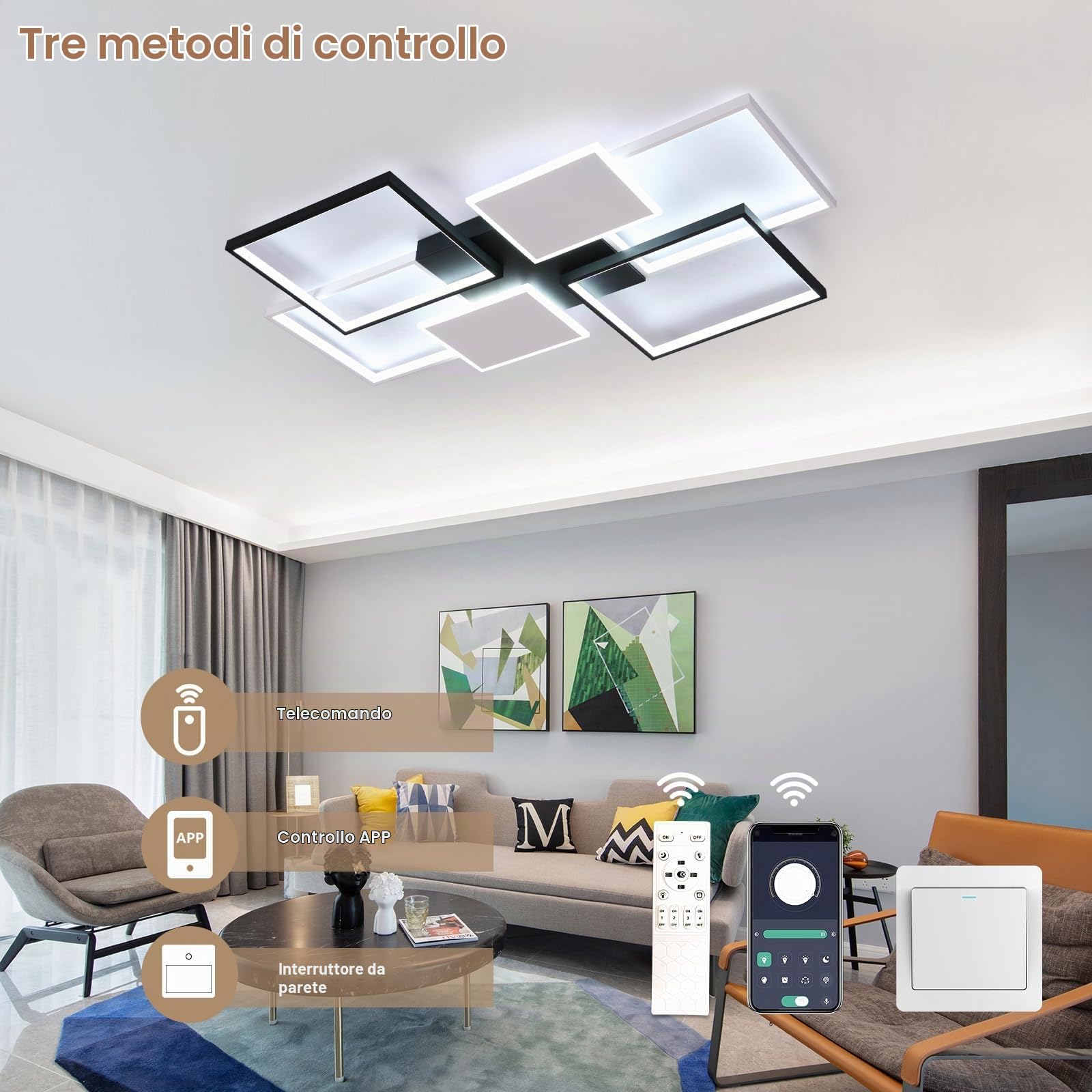 Plafoniera LED da Soffitto 110CM, 72W 8100LM Lampada Dimmerabile con Telecomando, 3000K-6000K, per Camera da Letto, Cucina, Soggiorno, Studio, Nero+Bianco