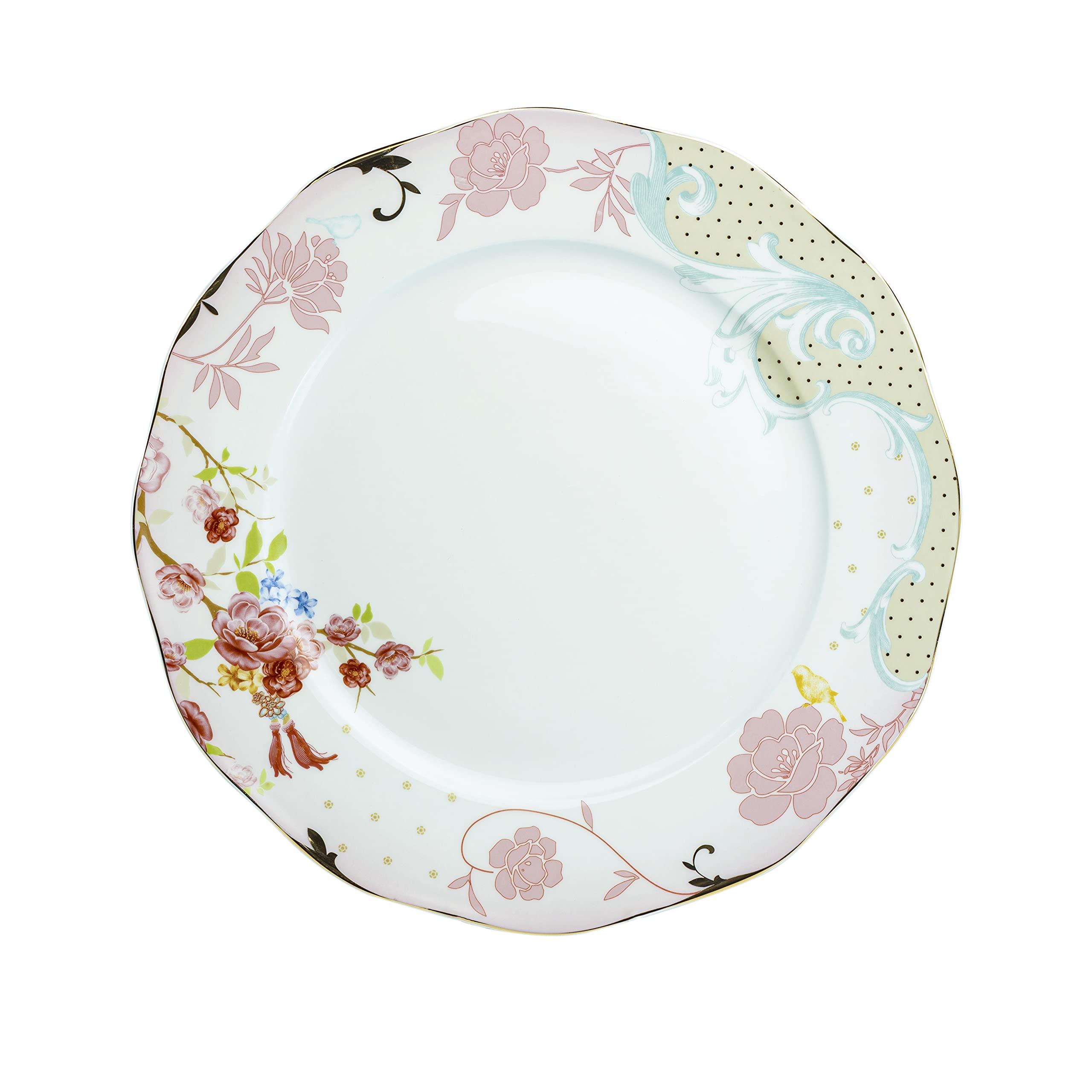 Gracie China by Coastline Imports Jardin D'oiseau Porcelain Dinner Plate 10.5-Inch Assorted Set of 4, Pink, Blue