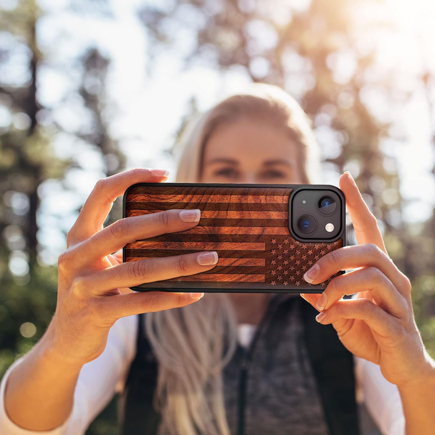 Carveit Magnetic Wood Case for iPhone 14 Case [Natural Wood & Black Soft TPU] Unique & Classy Wooden Shockproof Protective Cover Compatible with magsafe (American Flag -Rosy)