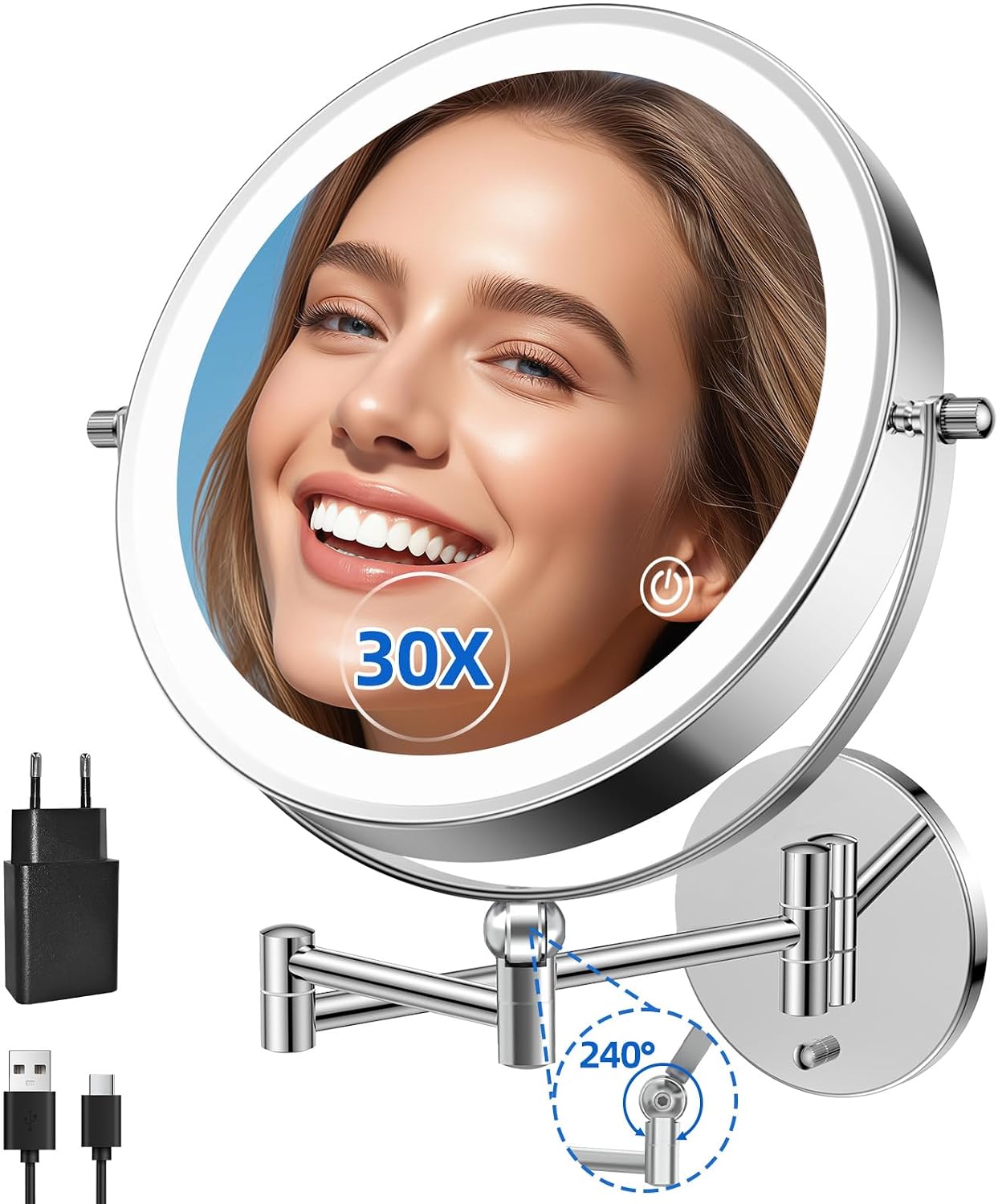 9"Wall Mounted Makeup Mirror with Lights,5000mAh Rechargeable 1X/30X