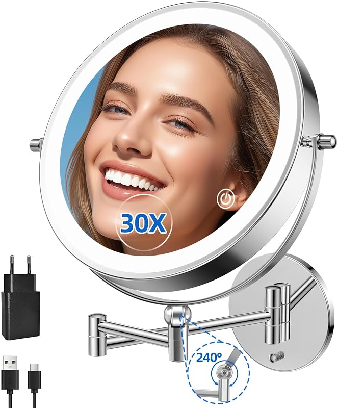 Espelho de maquiagem FUNTOUCH de parede com iluminação, 1X/30X, bateria recarregável de 5000 mAh